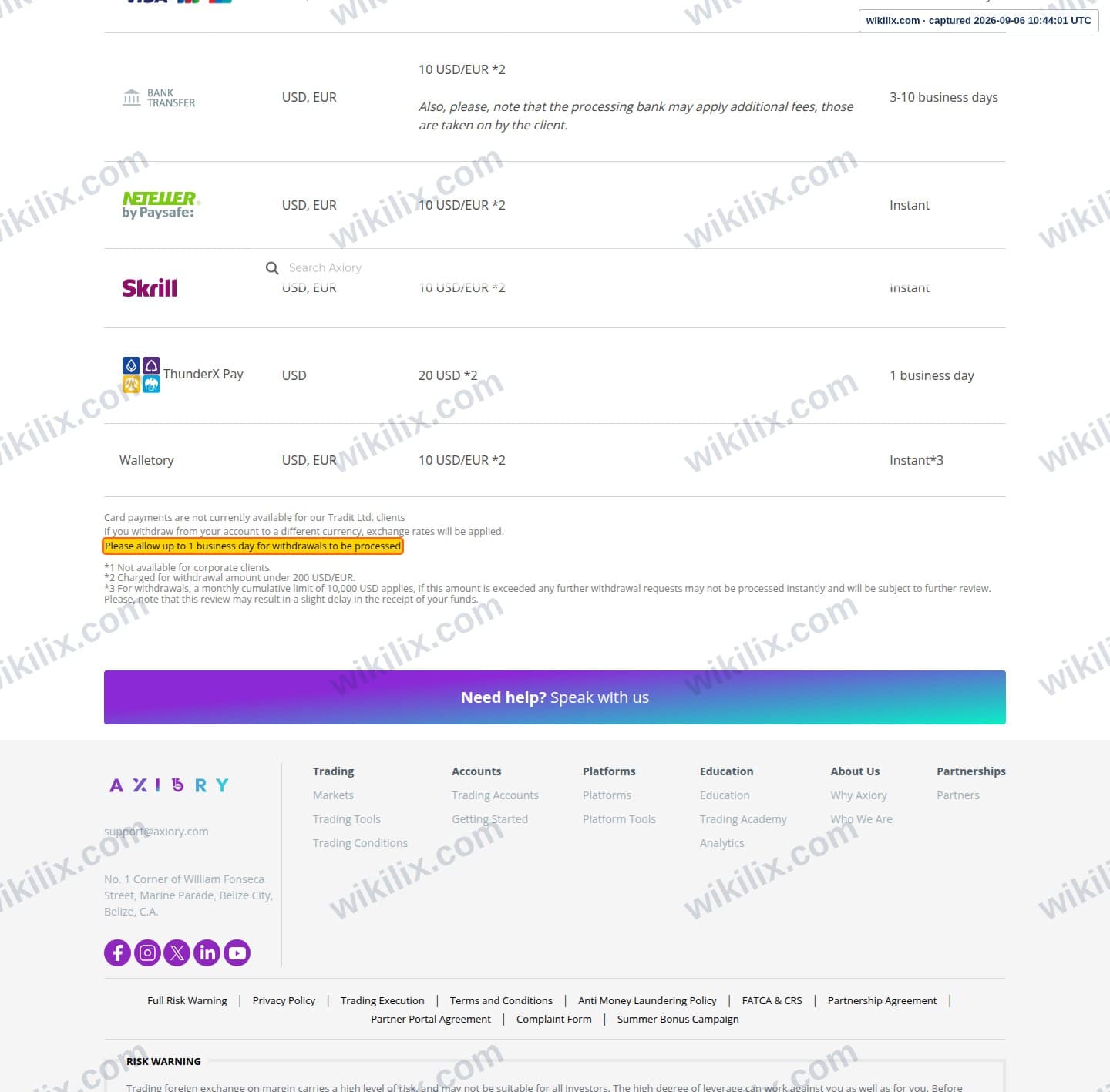 Our full page screenshot of the page that makes this promise, on Axiory's site axiory.com, taken on Sep 6, 2026. The quoted words are marked in the image.