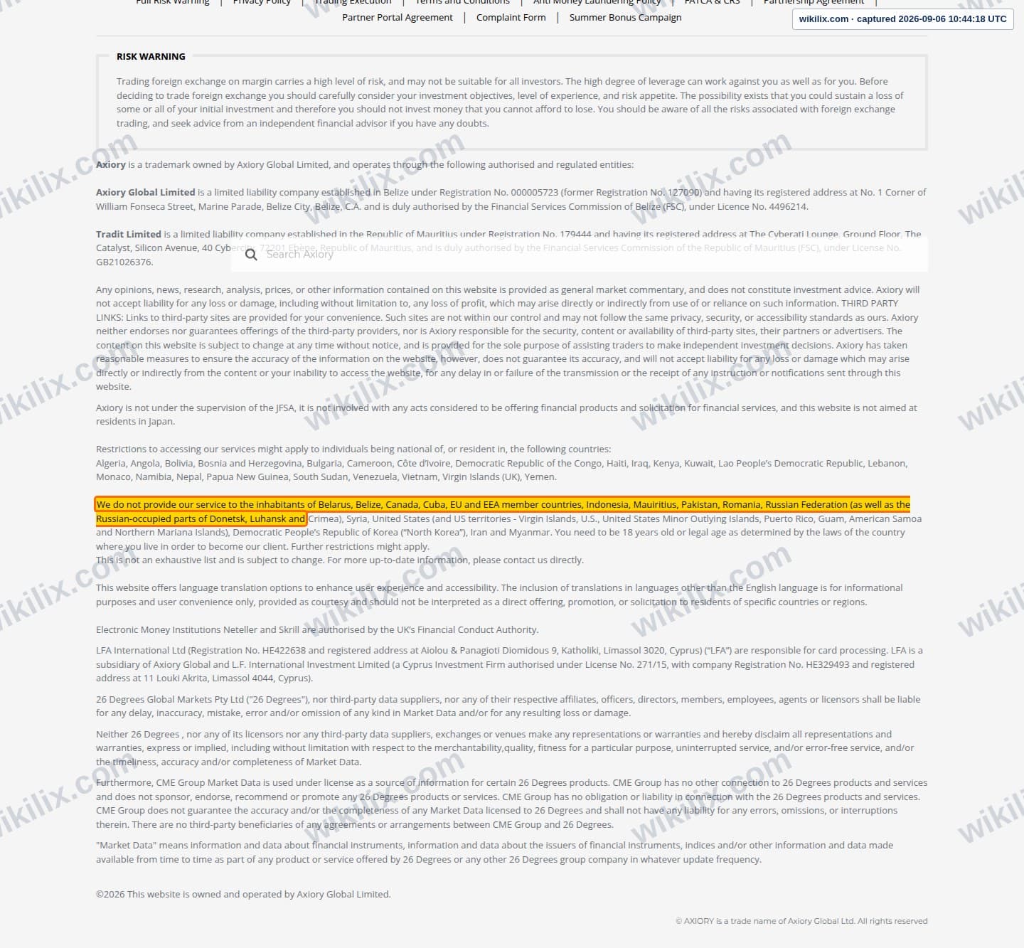 Our full page screenshot of the page this clause sits on, on Axiory's site axiory.com, taken on Sep 6, 2026. The quoted words are marked in the image.