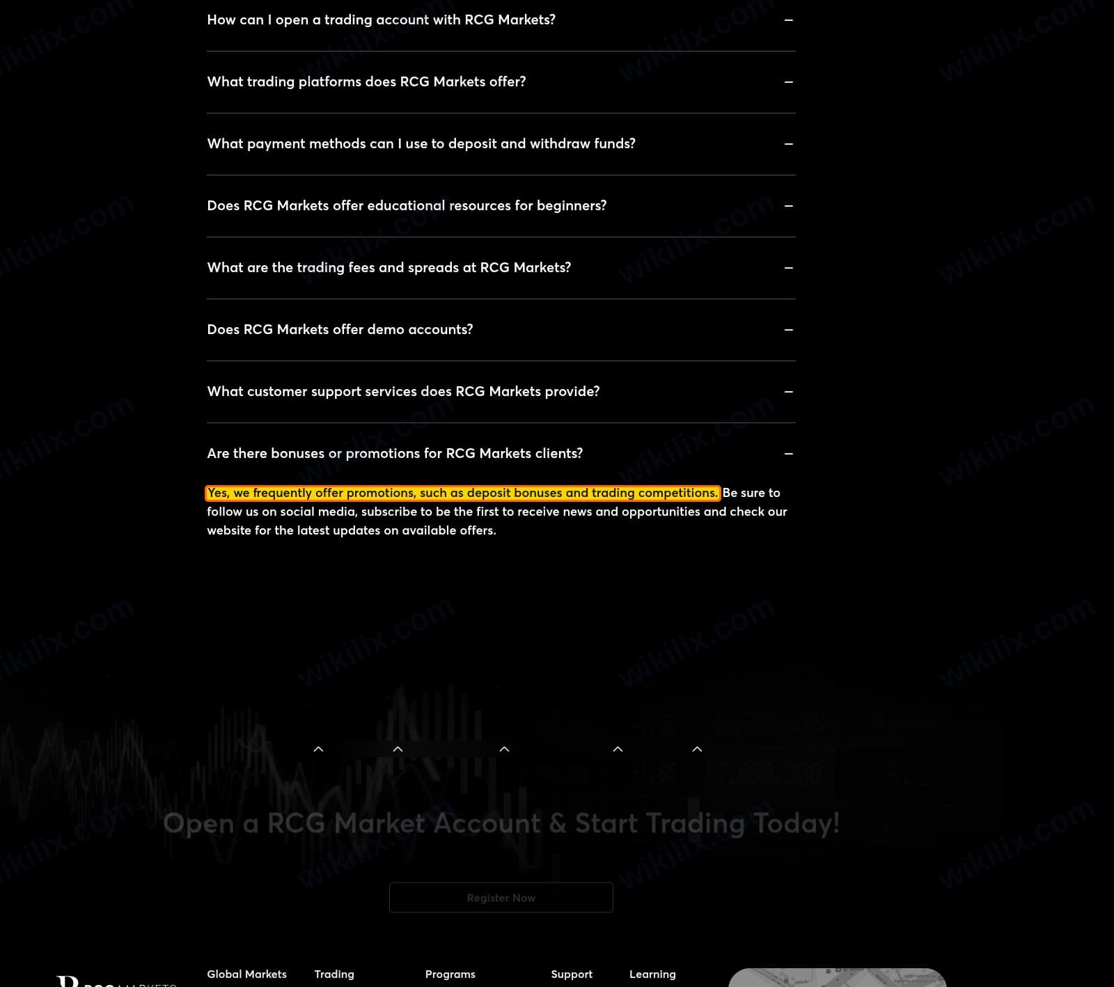 Our full page screenshot of the page that makes this promise, on RCG Markets's site rcgmarkets.com, taken on Sep 23, 2026. The quoted words are marked in the image.