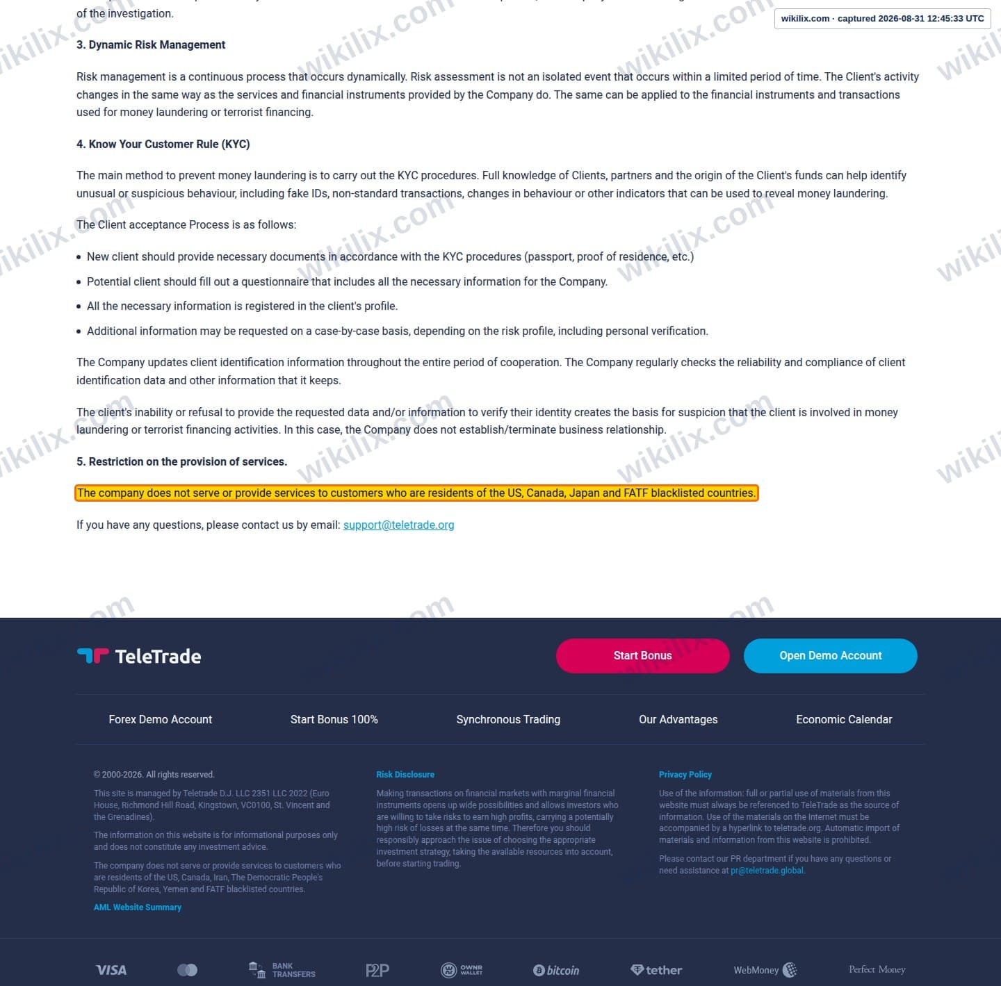 Our full page screenshot of the page that makes this promise, on TeleTrade's site teletrade.dj, taken on Aug 31, 2026. The quoted words are marked in the image.