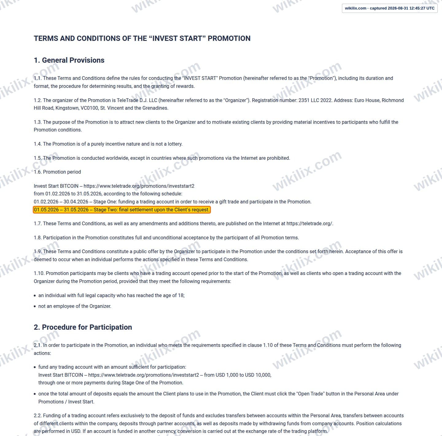 Our full page screenshot of the page this clause sits on, on TeleTrade's site teletrade.dj, taken on Aug 31, 2026. The quoted words are marked in the image.