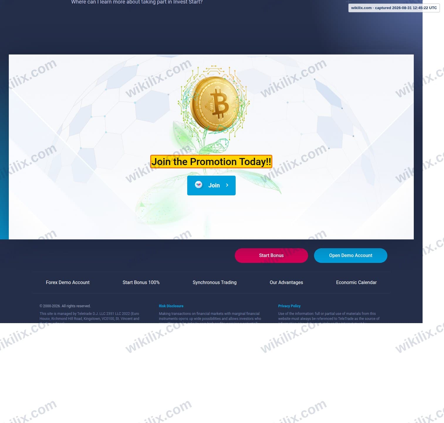 Our full page screenshot of the page that makes this promise, on TeleTrade's site teletrade.dj, taken on Aug 31, 2026. The quoted words are marked in the image.
