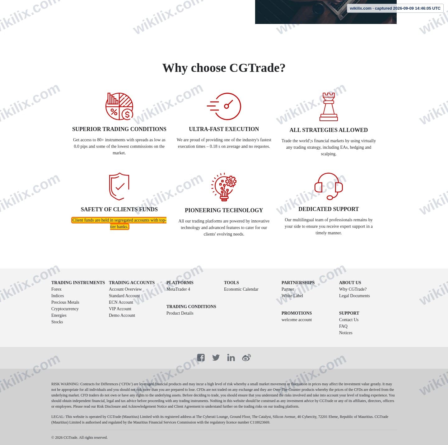Our full page screenshot of the page that makes this promise, on CG FINTECH's site cgtrademu.com, taken on Sep 9, 2026. The quoted words are marked in the image.