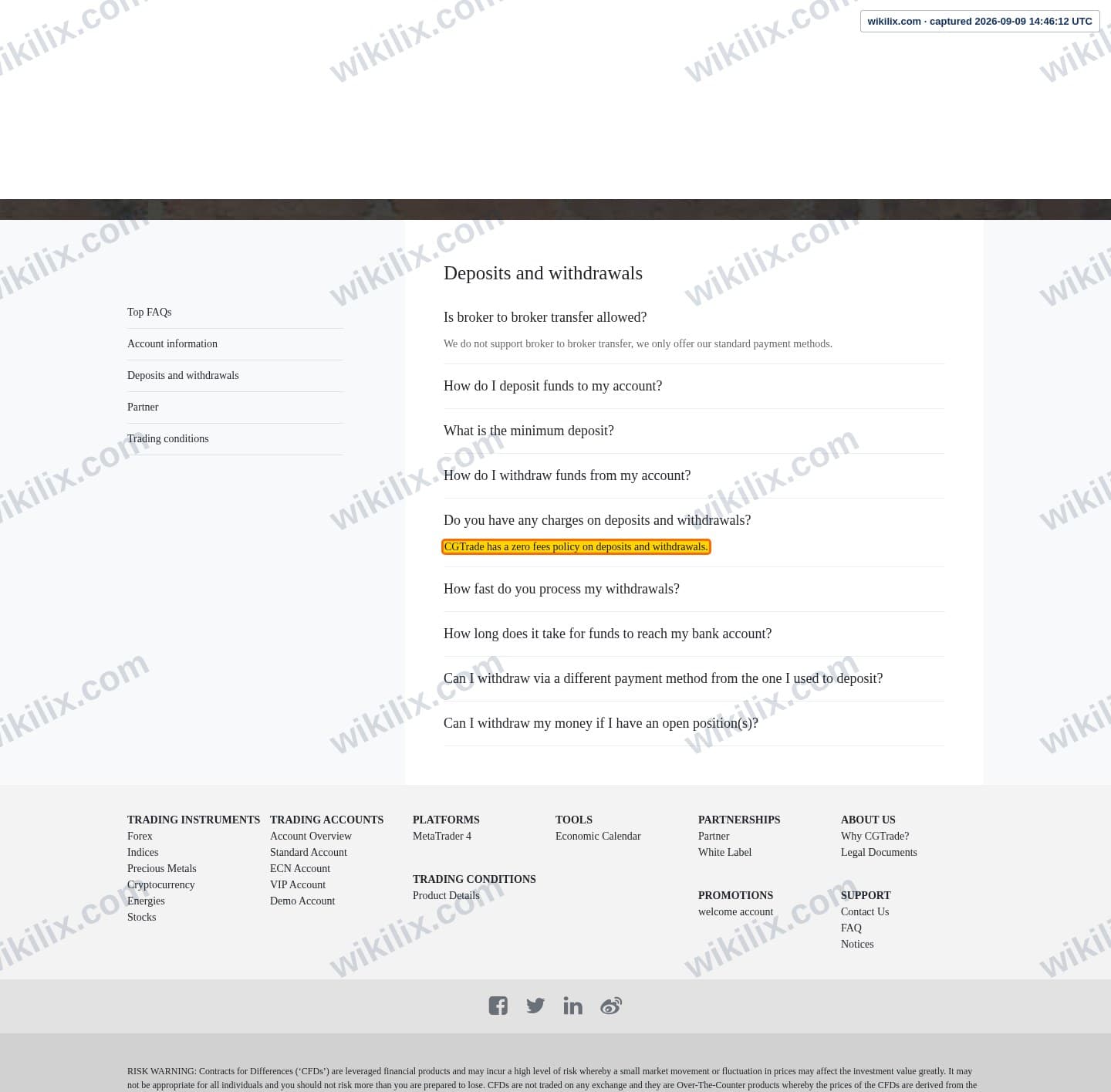 Our full page screenshot of the page that makes this promise, on CG FINTECH's site cgtrademu.com, taken on Sep 9, 2026. The quoted words are marked in the image.