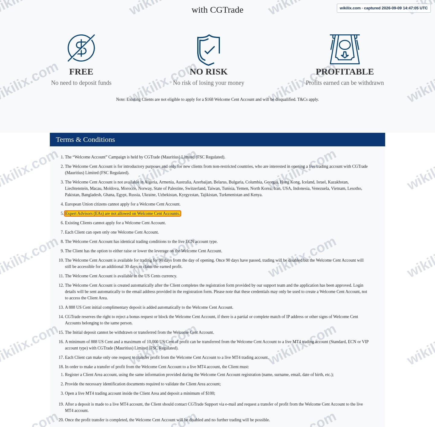 Our full page screenshot of the page this clause sits on, on CG FINTECH's site cgtrademu.com, taken on Sep 9, 2026. The quoted words are marked in the image.