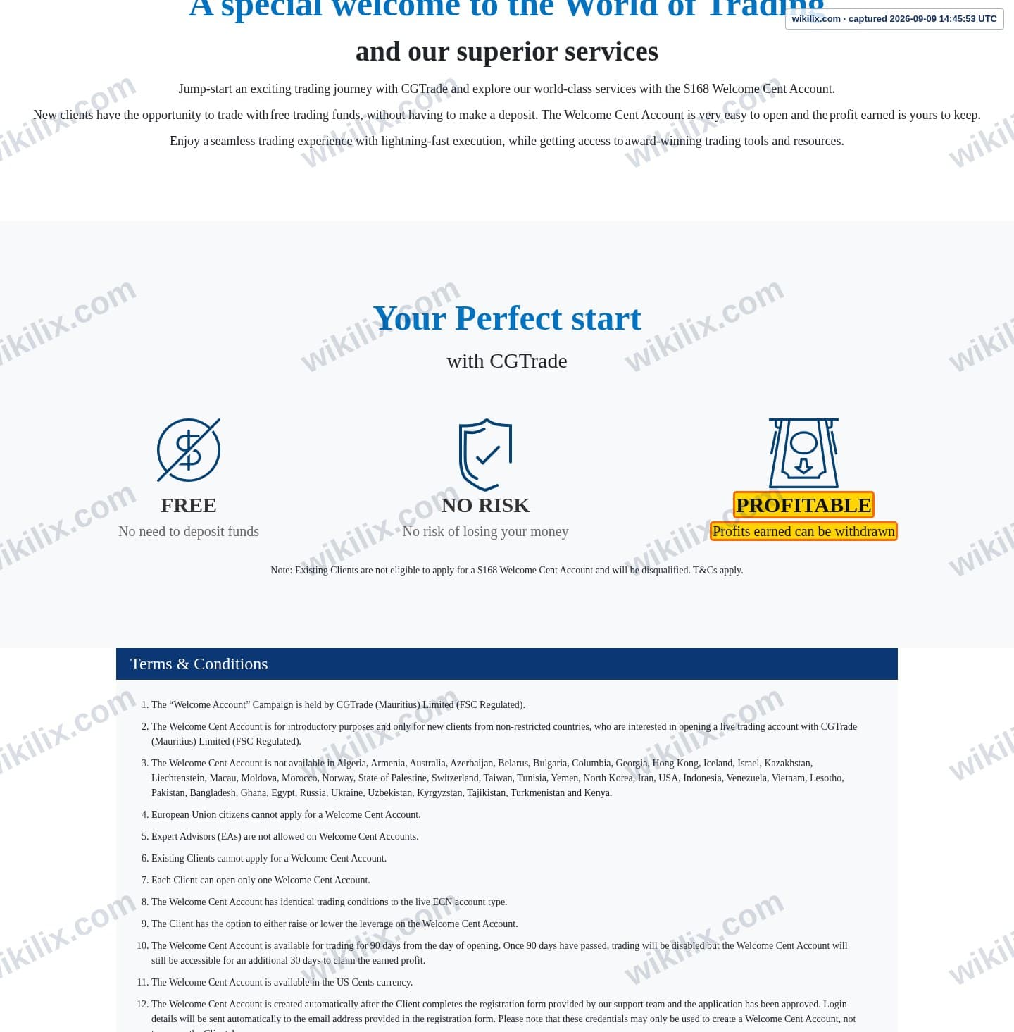 Our full page screenshot of the page that makes this promise, on CG FINTECH's site cgtrademu.com, taken on Sep 9, 2026. The quoted words are marked in the image.