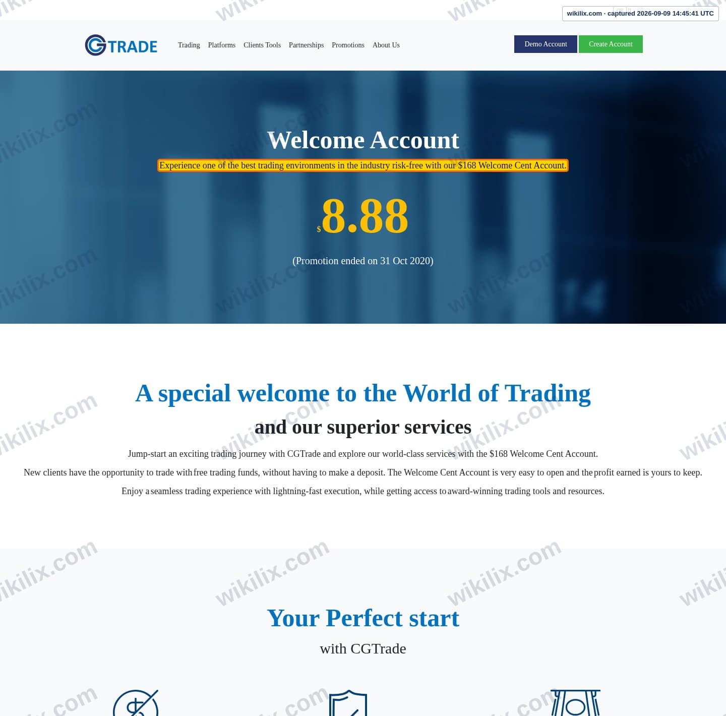 Our full page screenshot of the page that makes this promise, on CG FINTECH's site cgtrademu.com, taken on Sep 9, 2026. The quoted words are marked in the image.