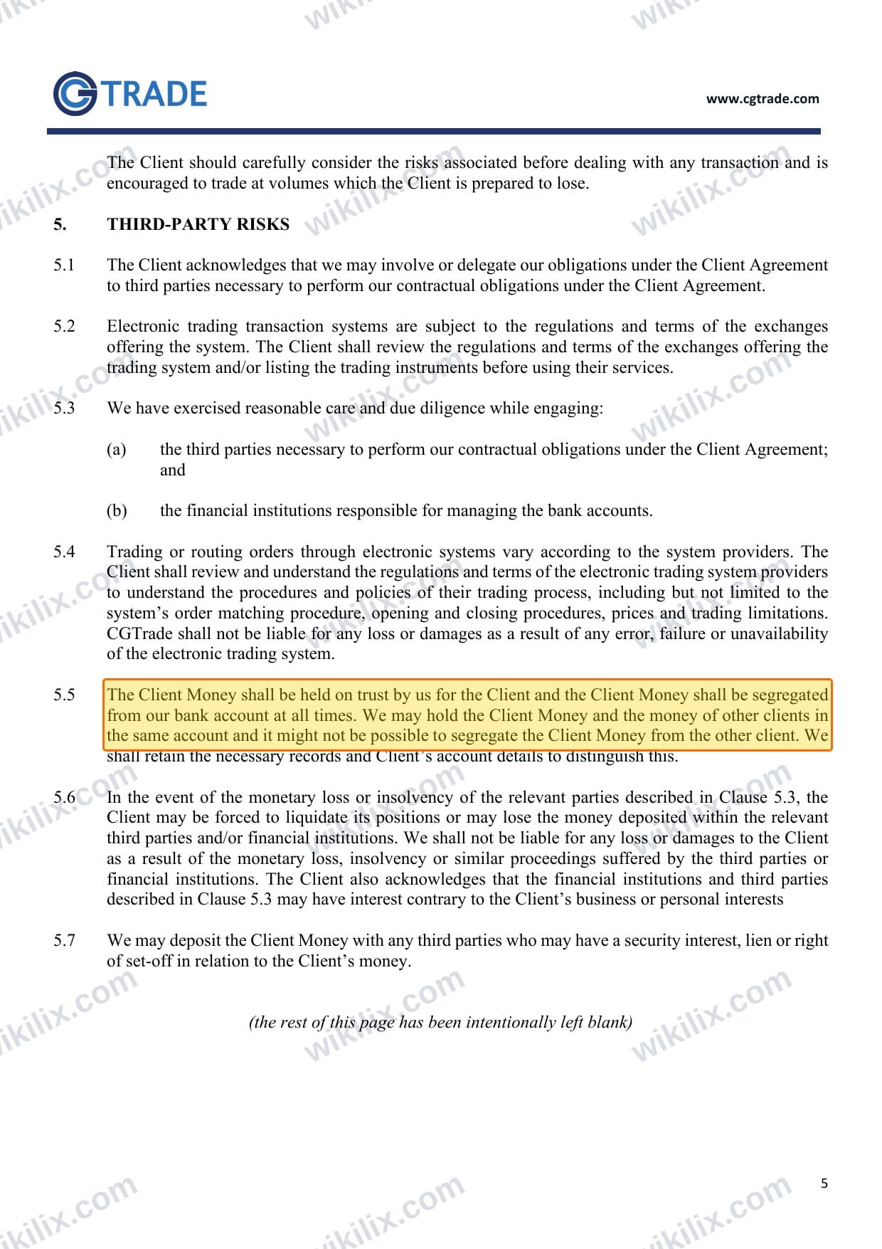 Our full page screenshot of the page this clause sits on, on CG FINTECH's site cgtrademu.com, taken on Sep 9, 2026. The quoted words are marked in the image.