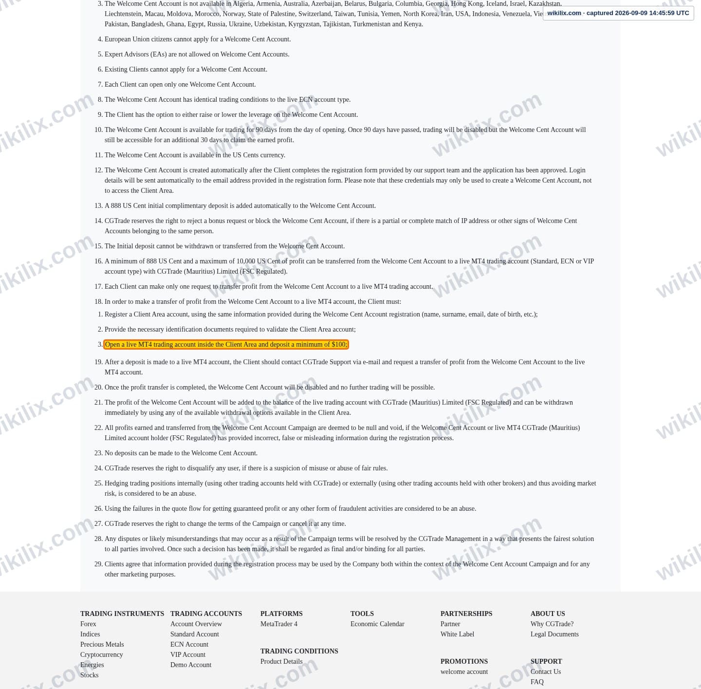 Our full page screenshot of the page this clause sits on, on CG FINTECH's site cgtrademu.com, taken on Sep 9, 2026. The quoted words are marked in the image.