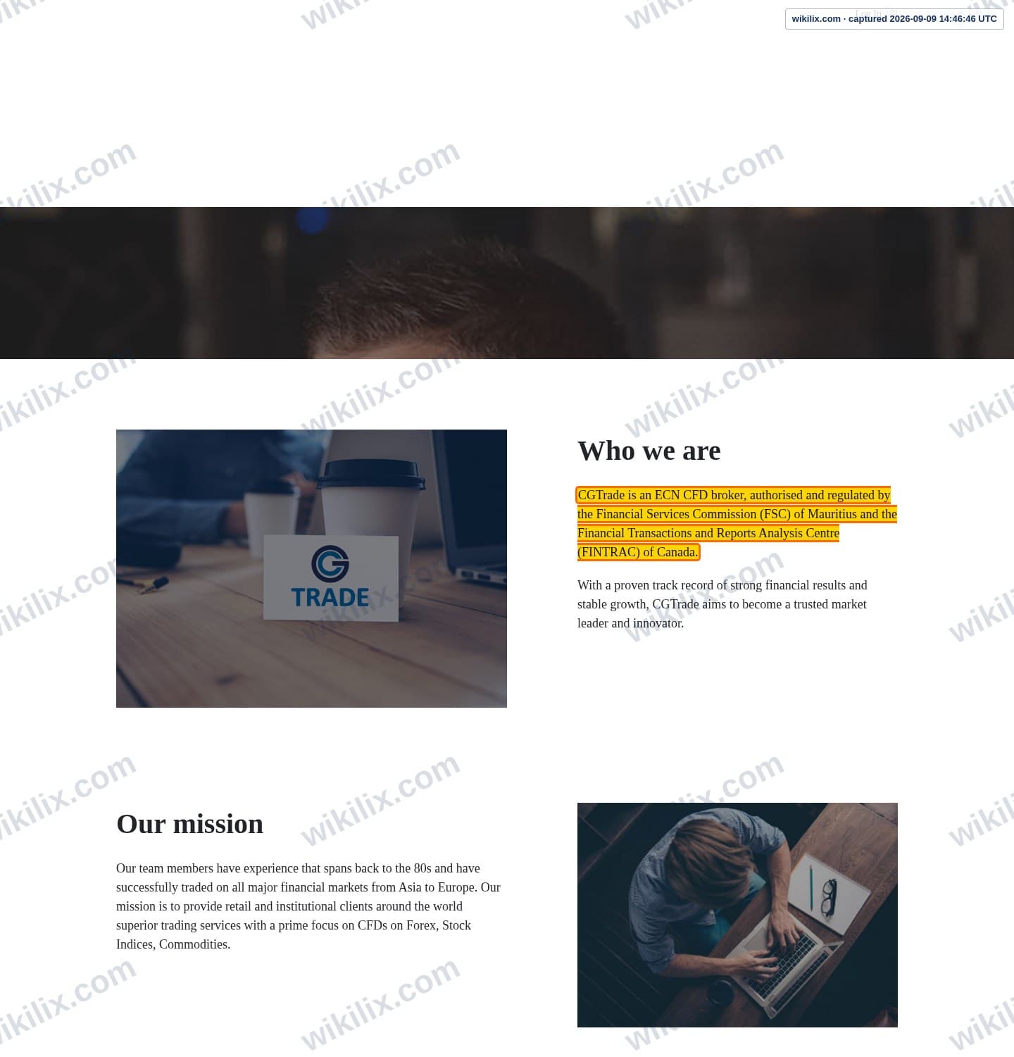 Our full page screenshot of the page that makes this promise, on CG FINTECH's site cgtrademu.com, taken on Sep 9, 2026. The quoted words are marked in the image.