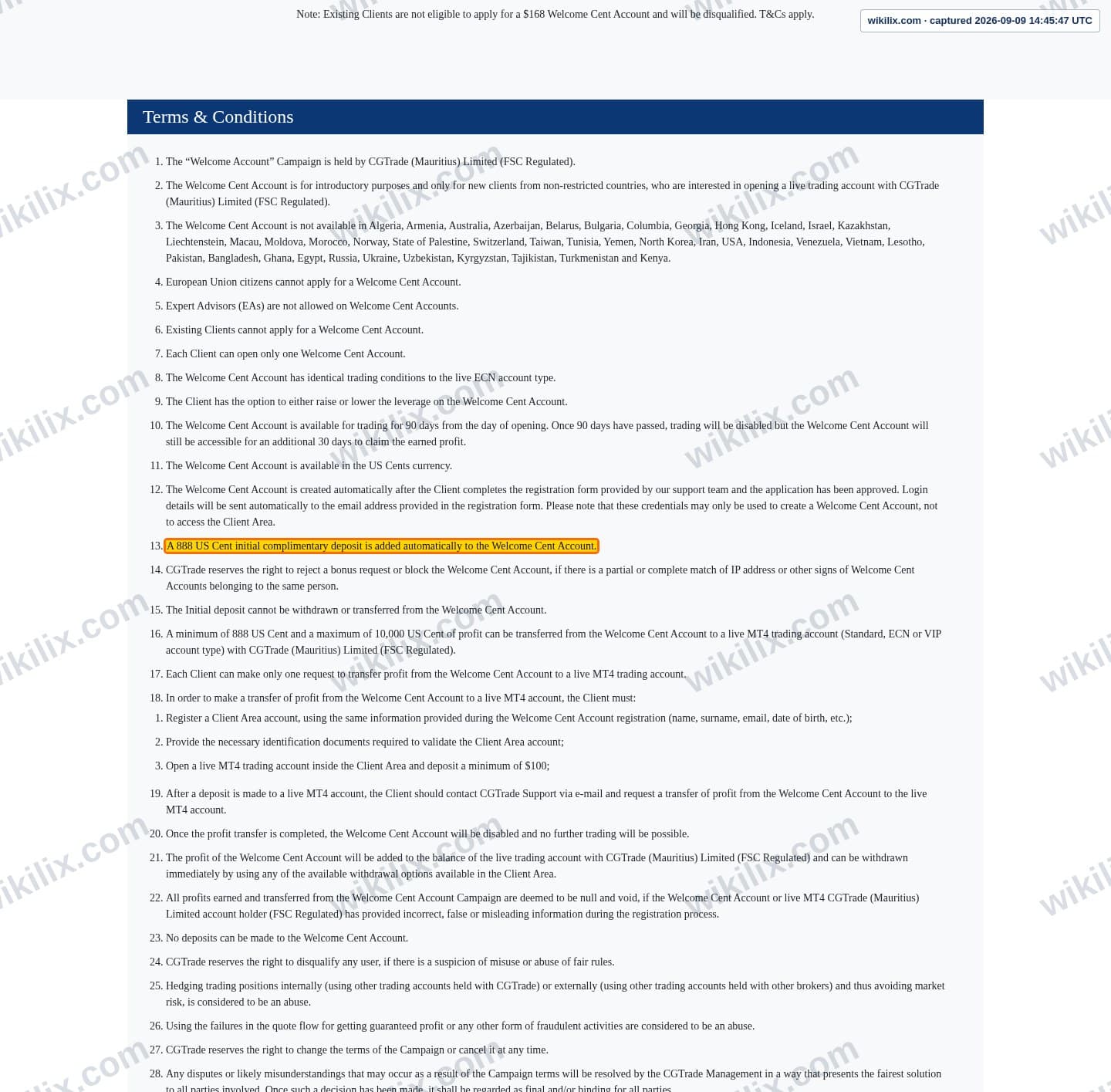 Our full page screenshot of the page this clause sits on, on CG FINTECH's site cgtrademu.com, taken on Sep 9, 2026. The quoted words are marked in the image.