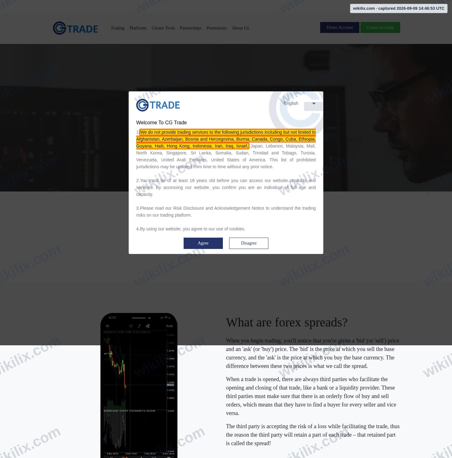 Our full page screenshot of the page this clause sits on, on CG FINTECH's site cgtrademu.com, taken on Sep 9, 2026. The quoted words are marked in the image.