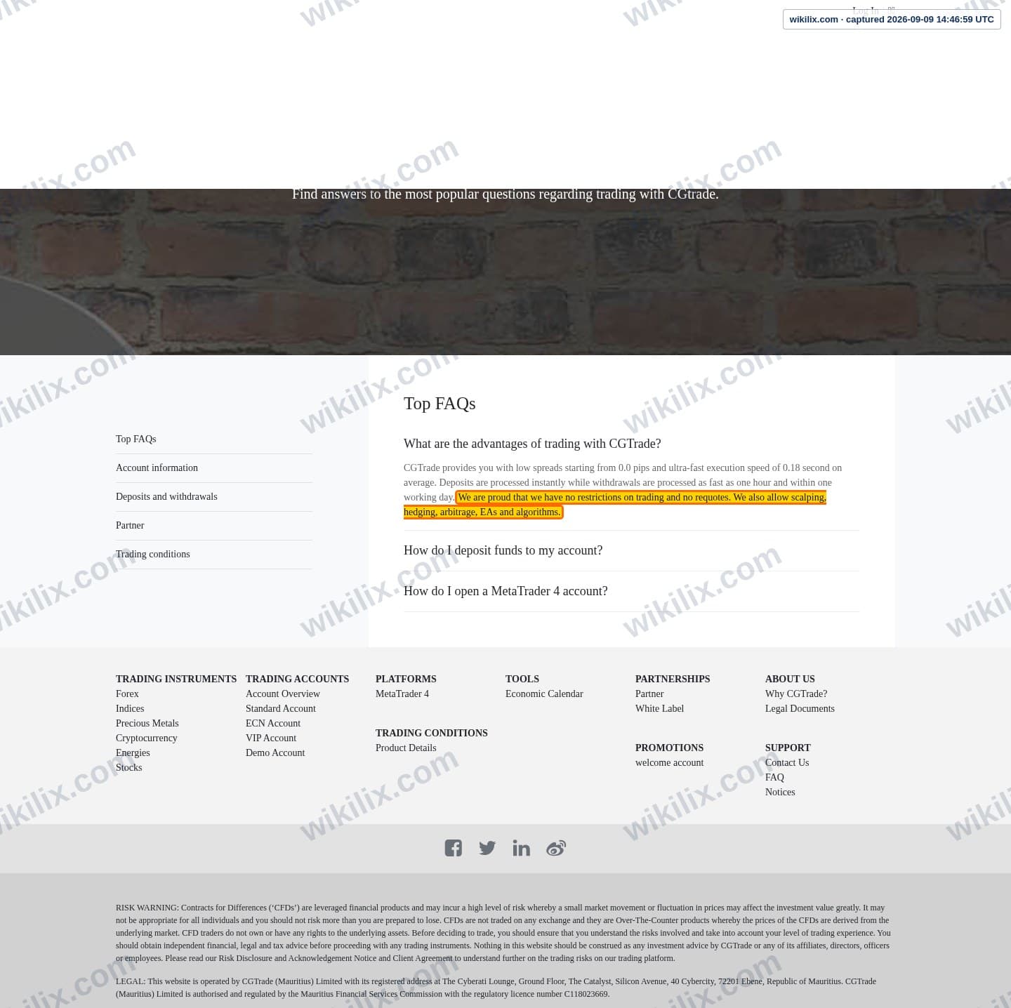 Our full page screenshot of the page that makes this promise, on CG FINTECH's site cgtrademu.com, taken on Sep 9, 2026. The quoted words are marked in the image.