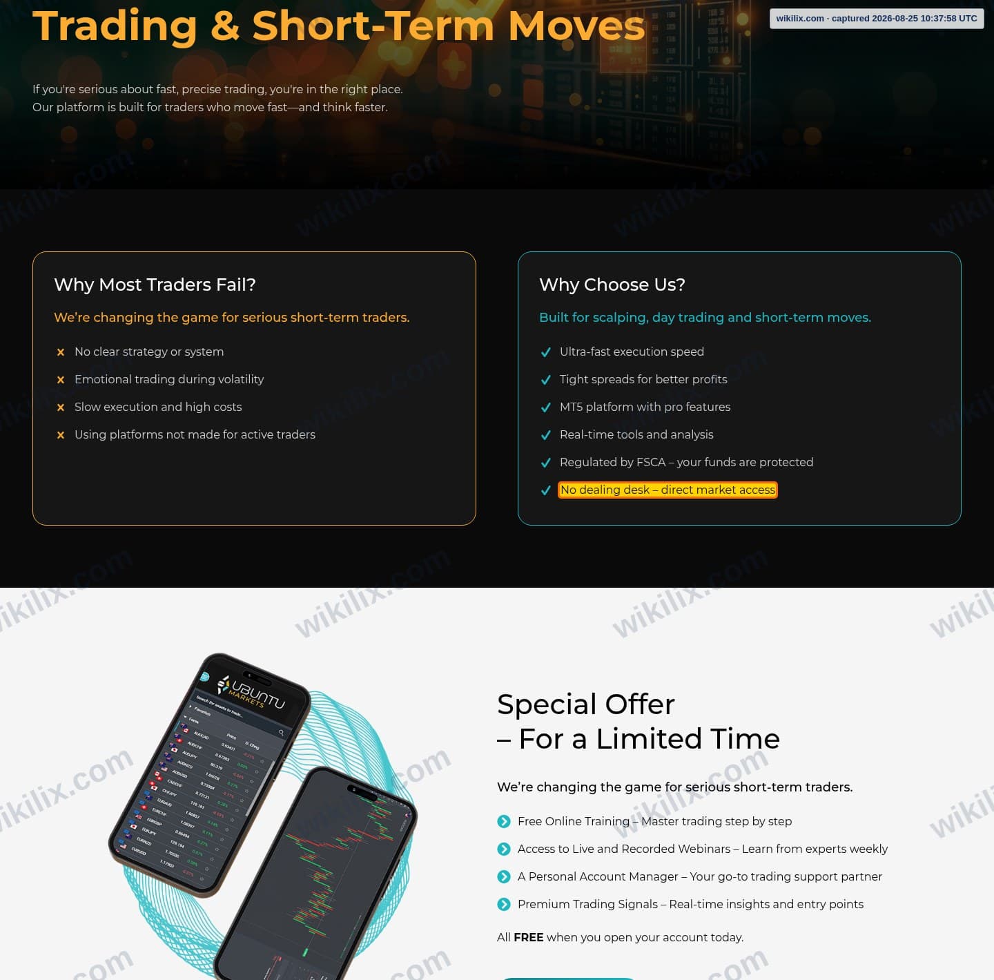 Our full page screenshot of the page that makes this promise, on Ubuntu Markets's site ubuntumarkets.com, taken on Aug 25, 2026. The quoted words are marked in the image.