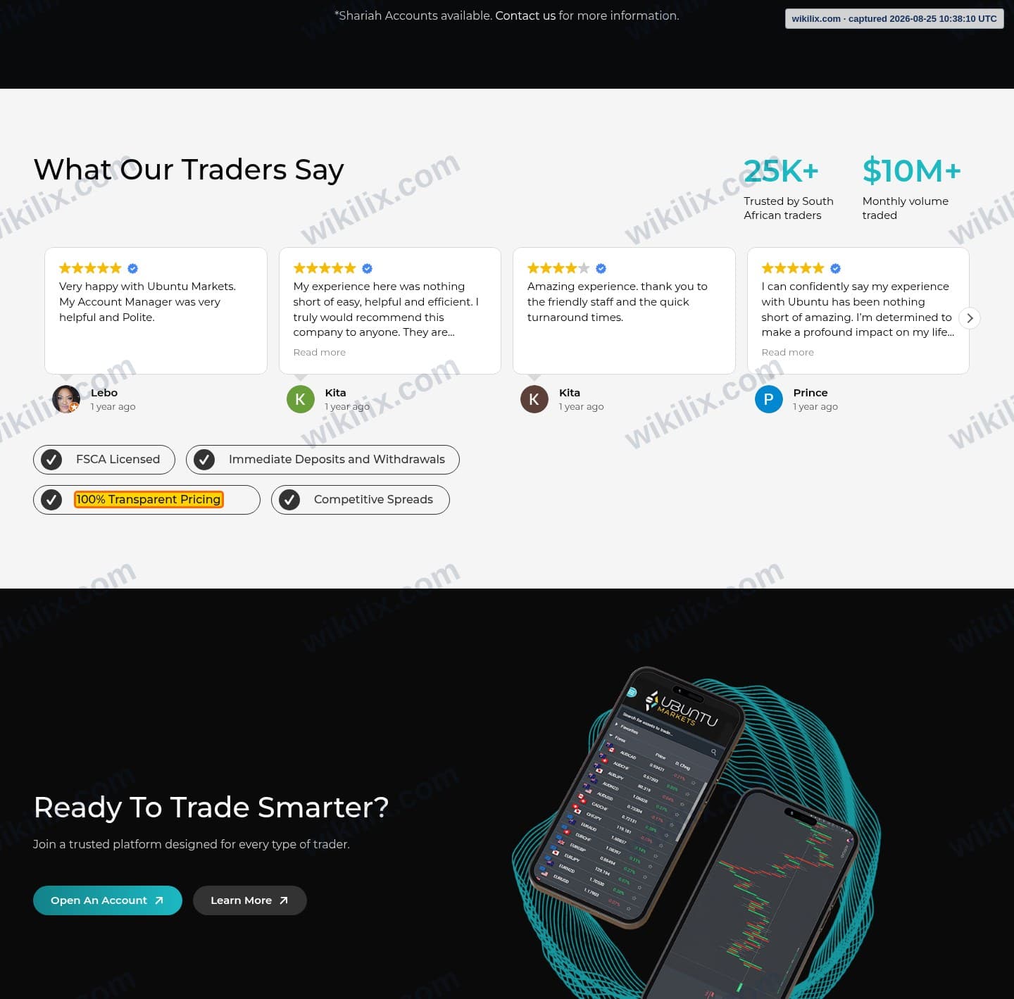 Our full page screenshot of the page that makes this promise, on Ubuntu Markets's site ubuntumarkets.com, taken on Aug 25, 2026. The quoted words are marked in the image.