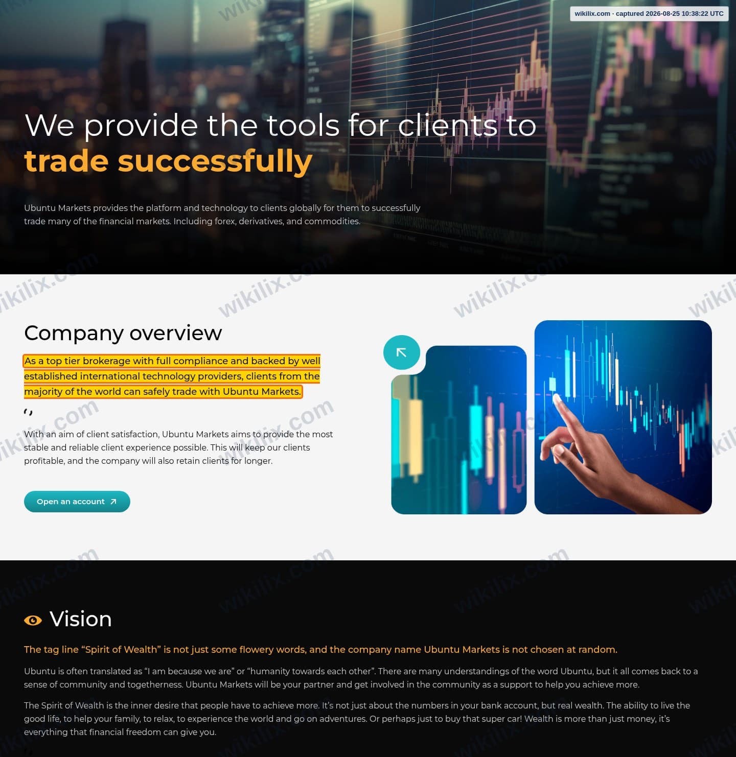 Our full page screenshot of the page that makes this promise, on Ubuntu Markets's site ubuntumarkets.com, taken on Aug 25, 2026. The quoted words are marked in the image.