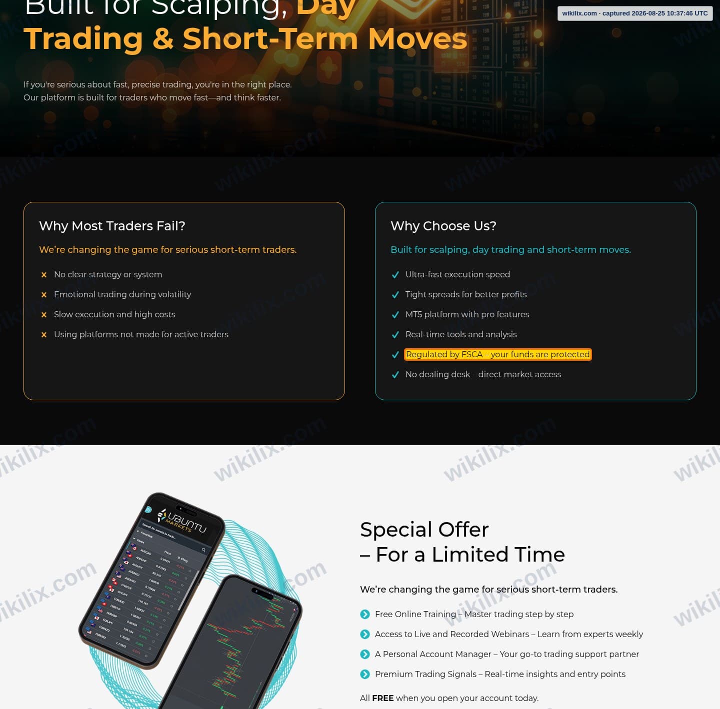 Our full page screenshot of the page that makes this promise, on Ubuntu Markets's site ubuntumarkets.com, taken on Aug 25, 2026. The quoted words are marked in the image.