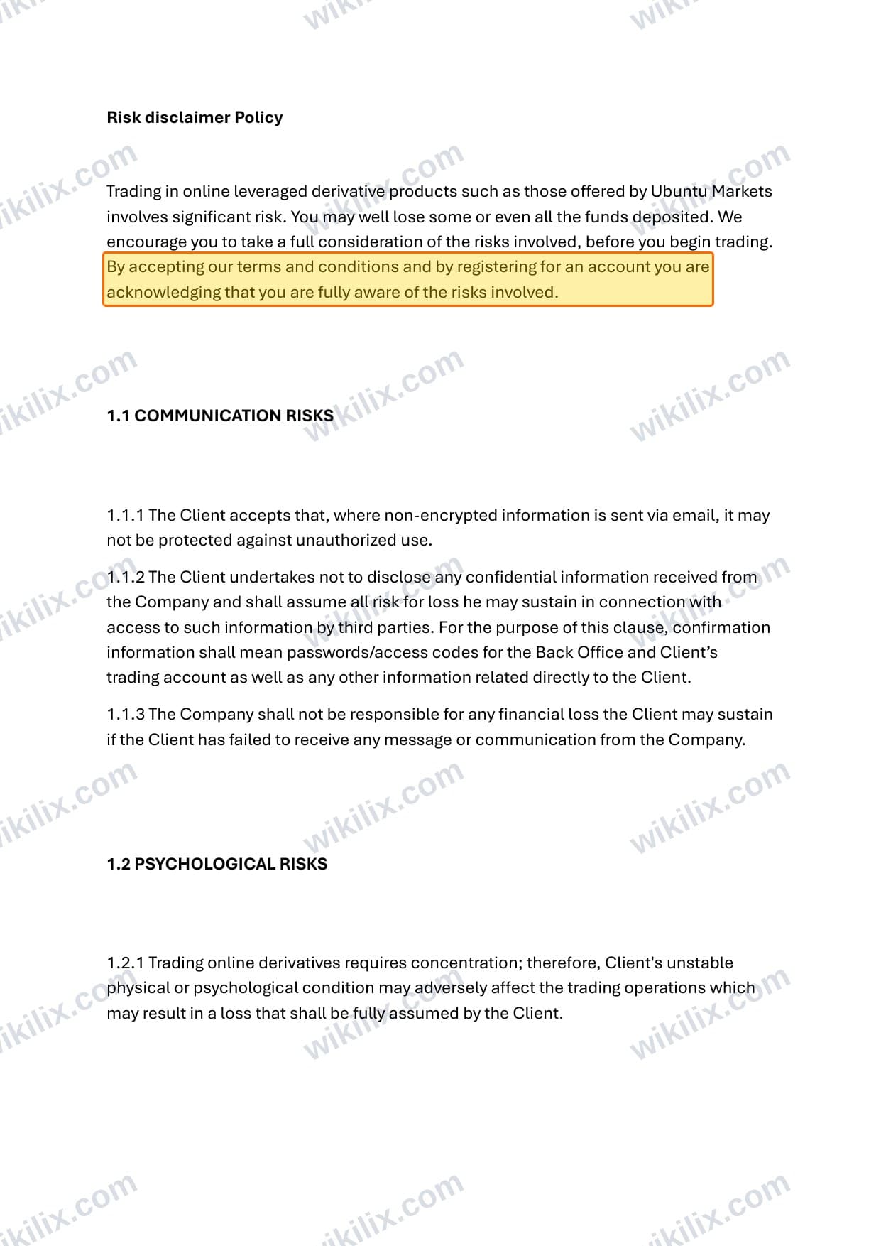 Our full page screenshot of the page this clause sits on, on Ubuntu Markets's site ubuntumarkets.com, taken on Aug 25, 2026. The quoted words are marked in the image.