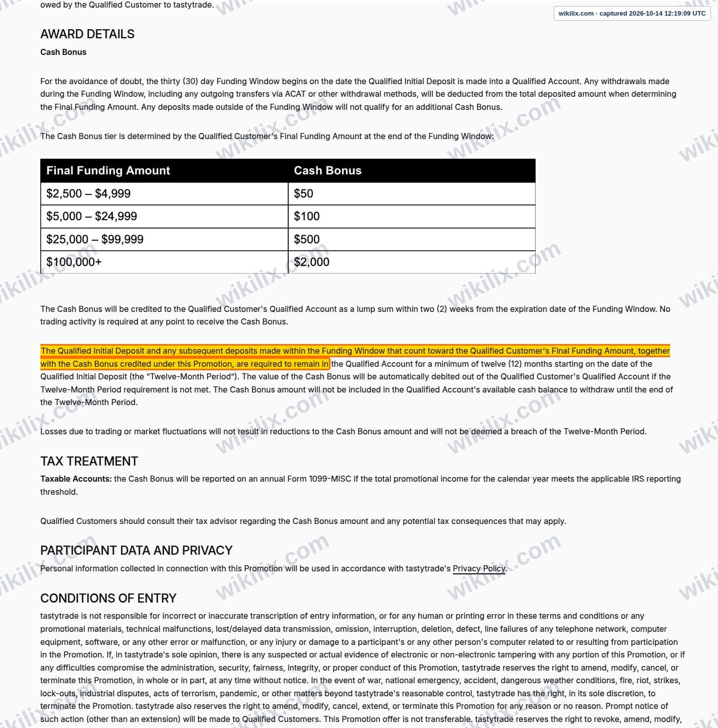 Our full page screenshot of the page this clause sits on, on tastytrade's site tastytrade.com, taken on Oct 14, 2026. The quoted words are marked in the image.
