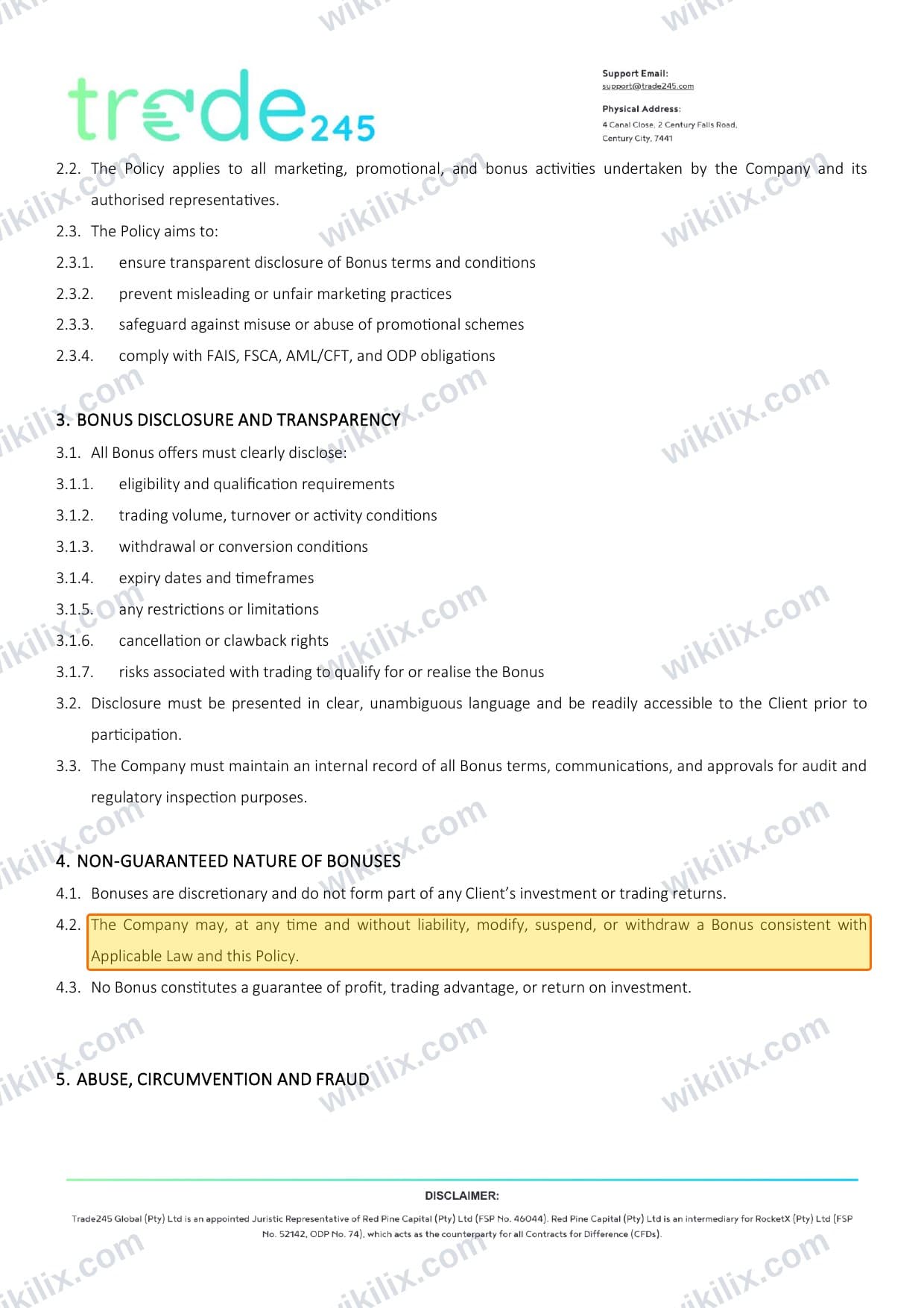 Our full page screenshot of the page this clause sits on, on trade245's site trade245.com, taken on Aug 27, 2026. The quoted words are marked in the image.