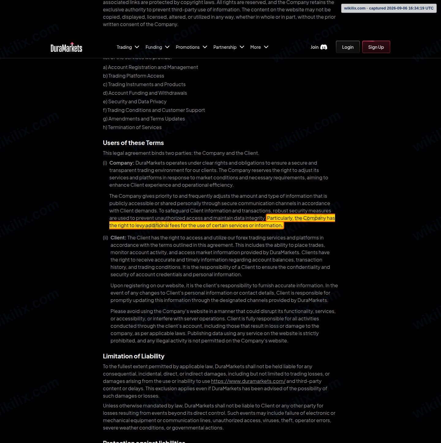 Our full page screenshot of the page this clause sits on, on DuraMarkets's site duramarkets.com, taken on Sep 6, 2026. The quoted words are marked in the image.