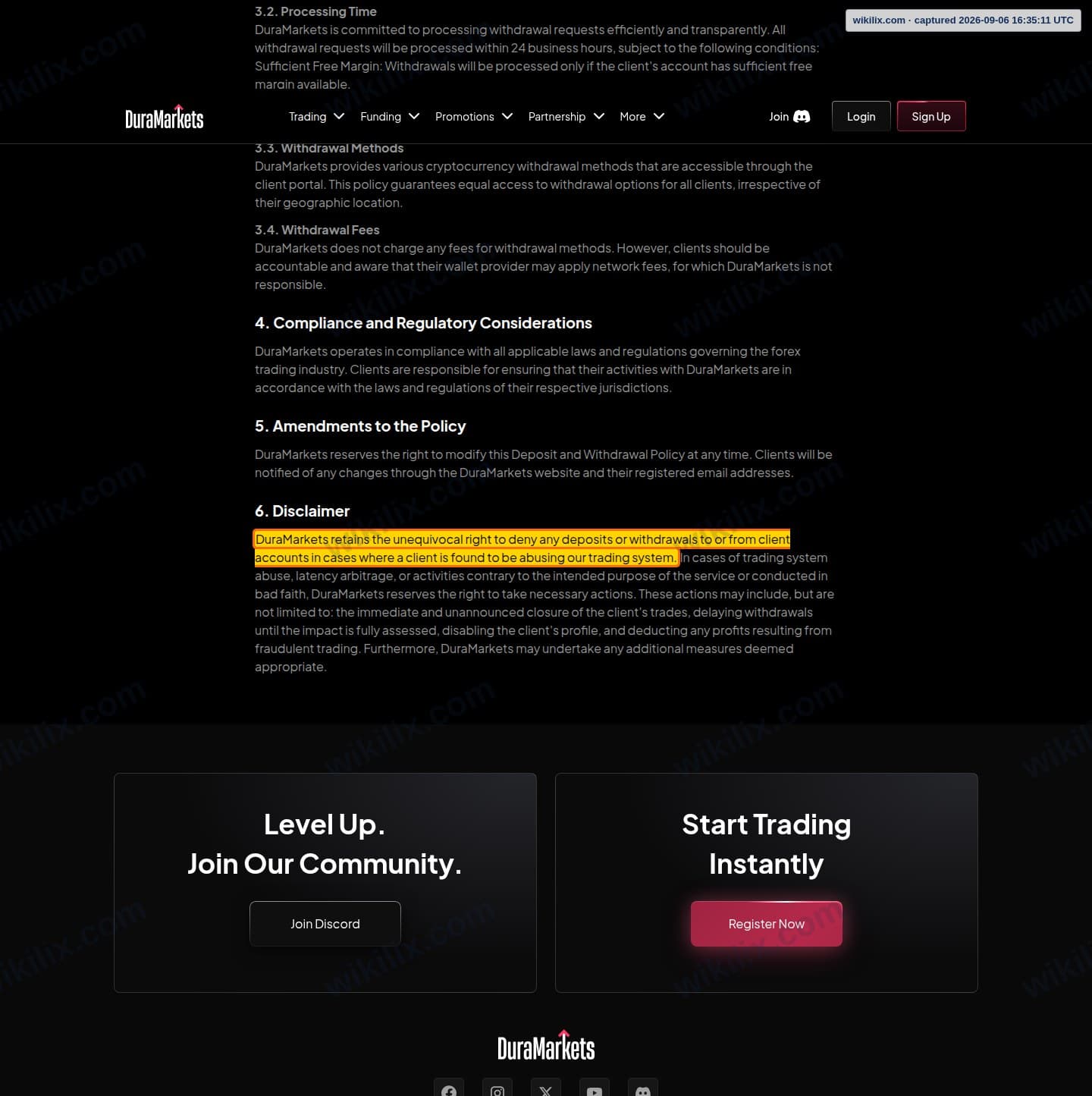 Our full page screenshot of the page this clause sits on, on DuraMarkets's site duramarkets.com, taken on Sep 6, 2026. The quoted words are marked in the image.