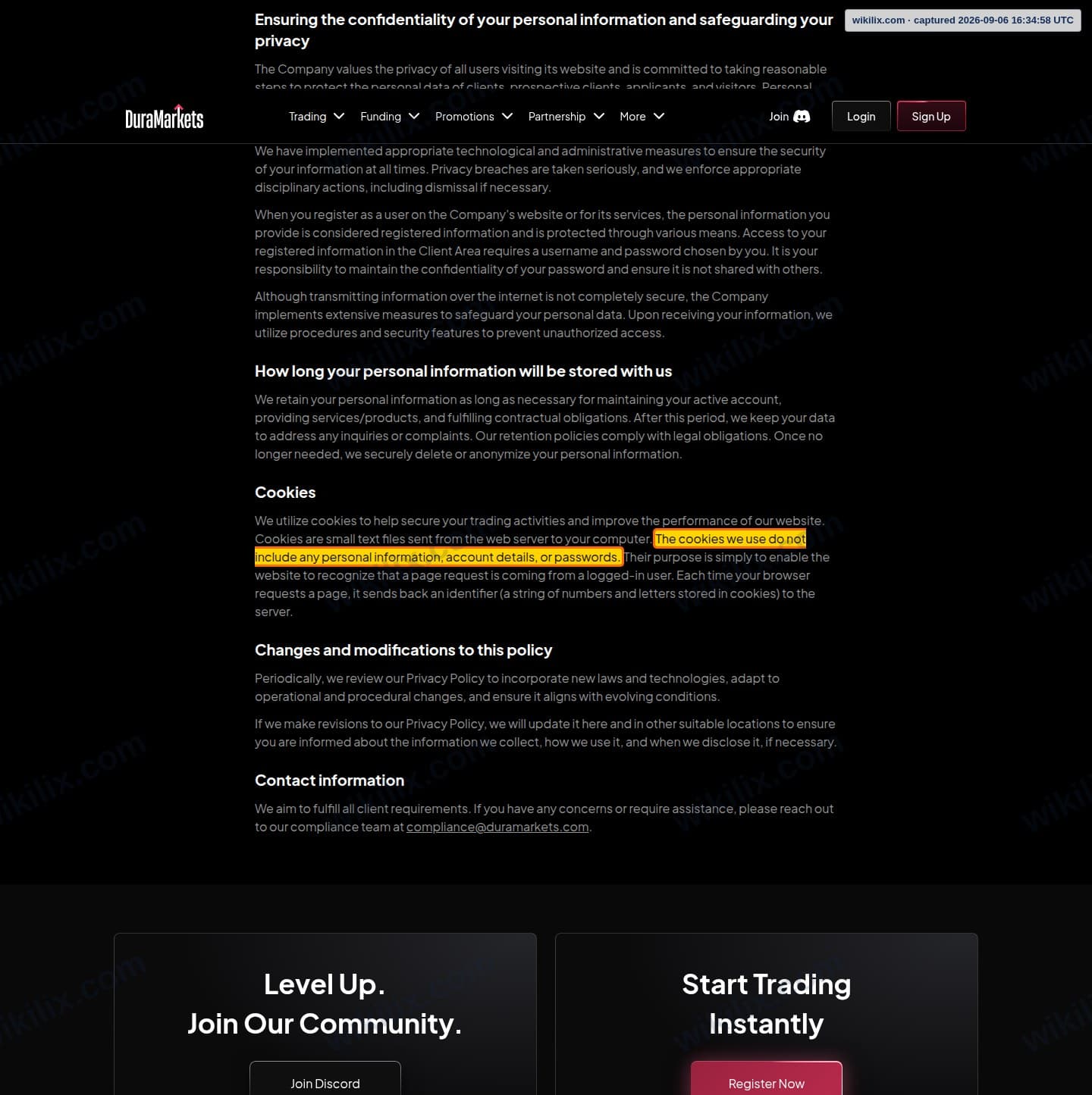 Our full page screenshot of the page this clause sits on, on DuraMarkets's site duramarkets.com, taken on Sep 6, 2026. The quoted words are marked in the image.