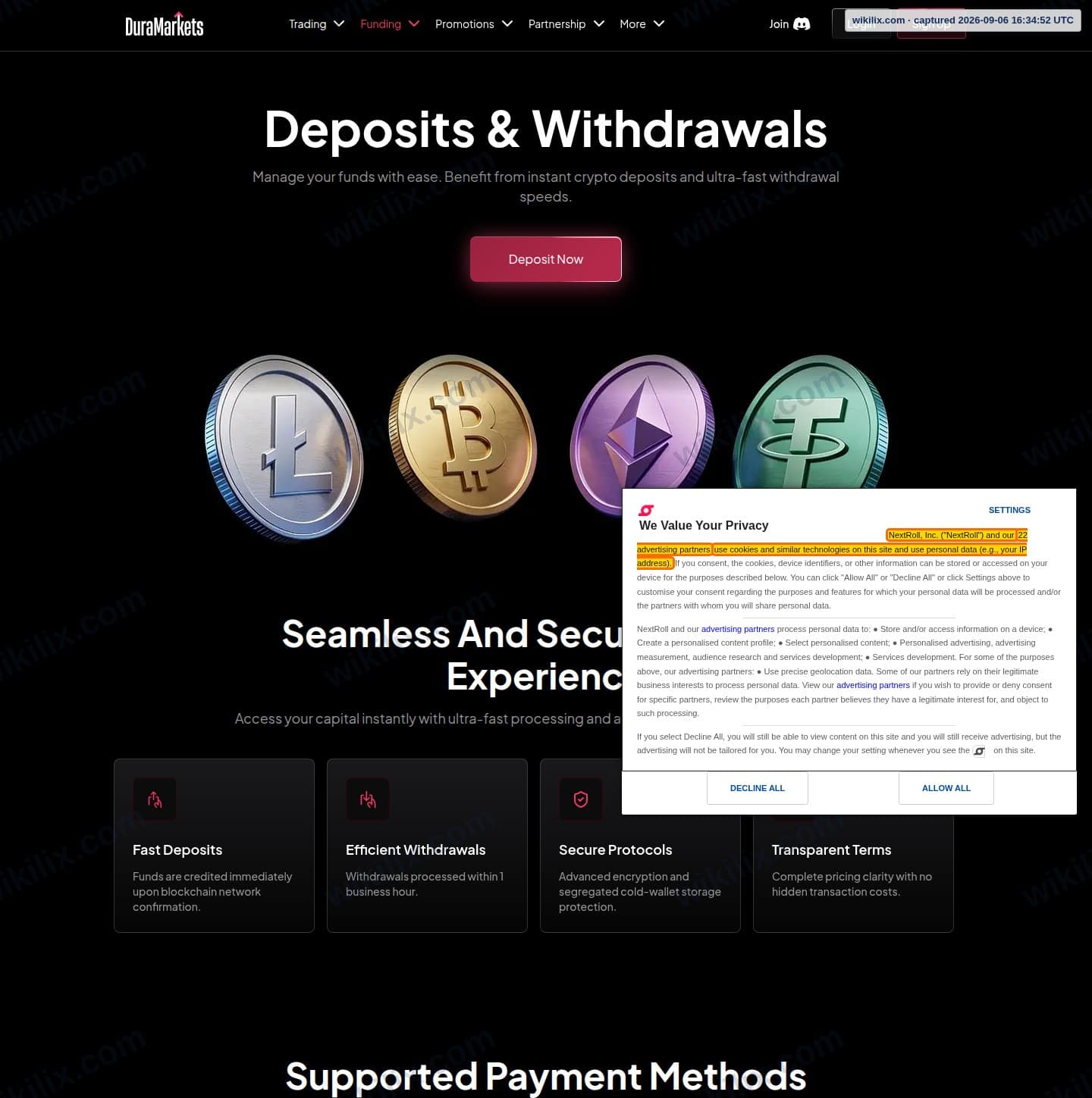 Our full page screenshot of the page that makes this promise, on DuraMarkets's site duramarkets.com, taken on Sep 6, 2026. The quoted words are marked in the image.