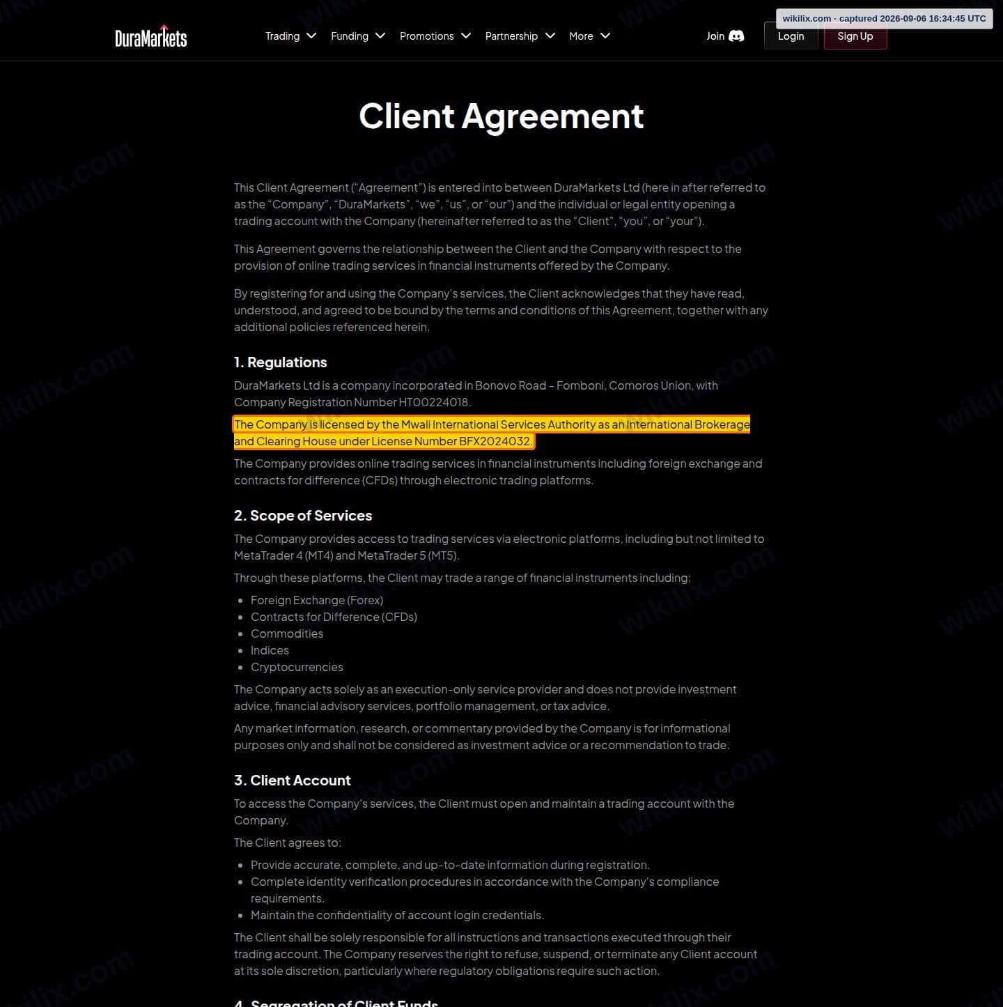 Our full page screenshot of the page this clause sits on, on DuraMarkets's site duramarkets.com, taken on Sep 6, 2026. The quoted words are marked in the image.