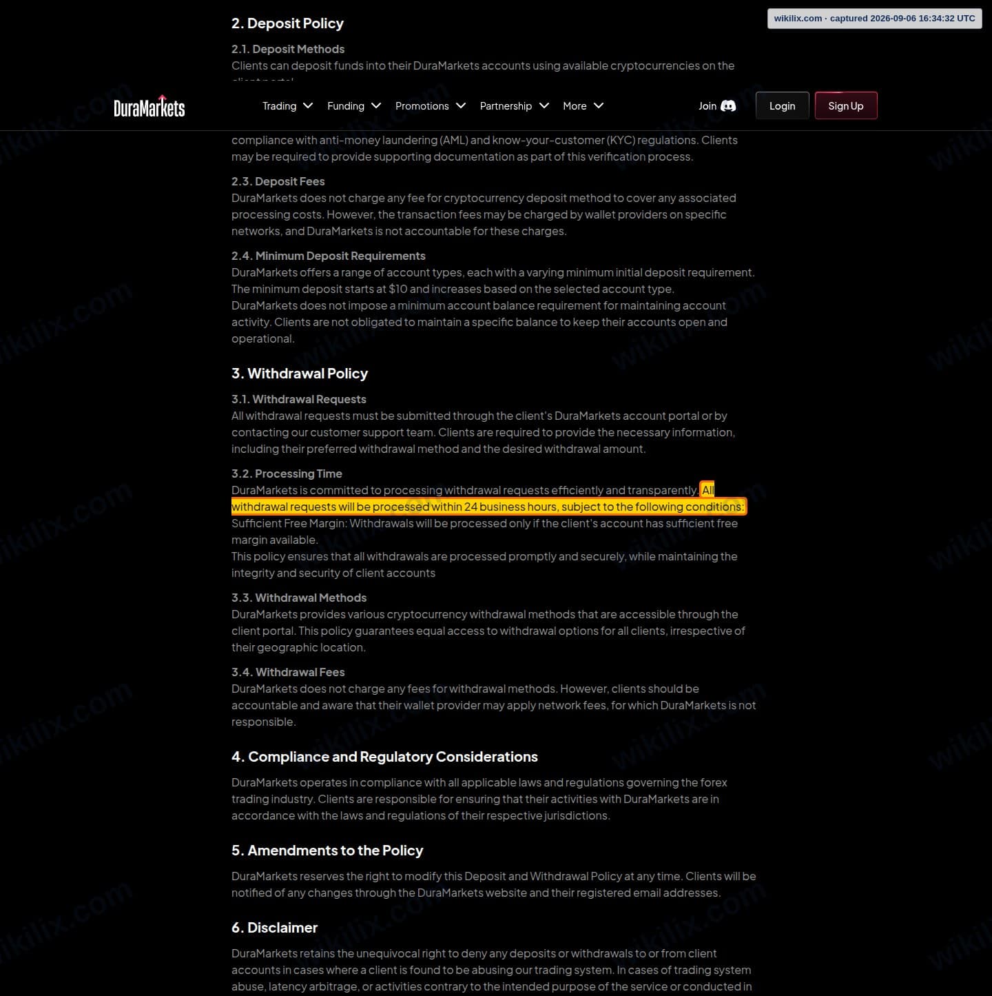 Our full page screenshot of the page this clause sits on, on DuraMarkets's site duramarkets.com, taken on Sep 6, 2026. The quoted words are marked in the image.