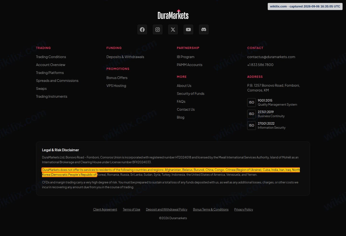 Our full page screenshot of the page this clause sits on, on DuraMarkets's site duramarkets.com, taken on Sep 6, 2026. The quoted words are marked in the image.