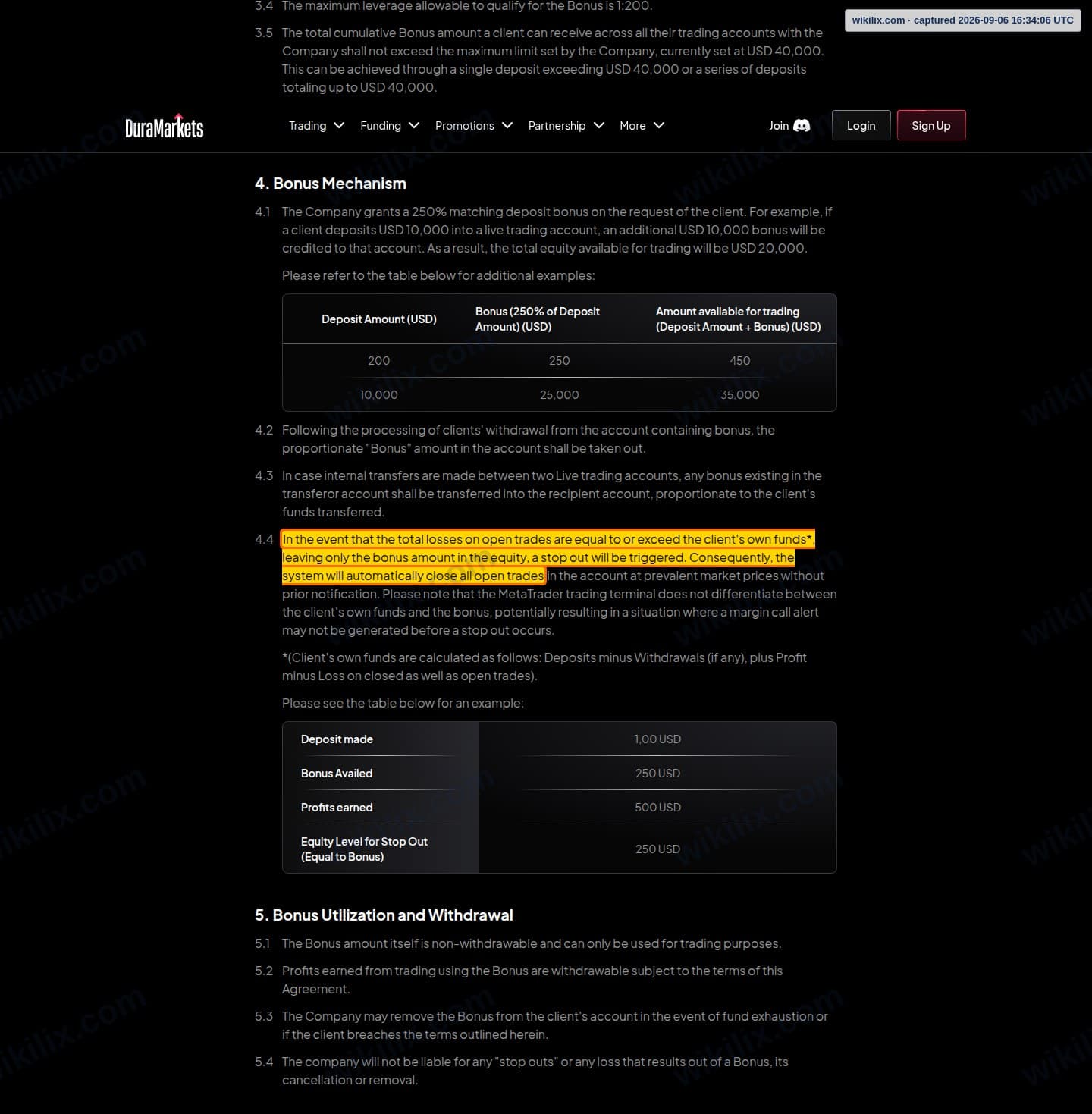 Our full page screenshot of the page this clause sits on, on DuraMarkets's site duramarkets.com, taken on Sep 6, 2026. The quoted words are marked in the image.