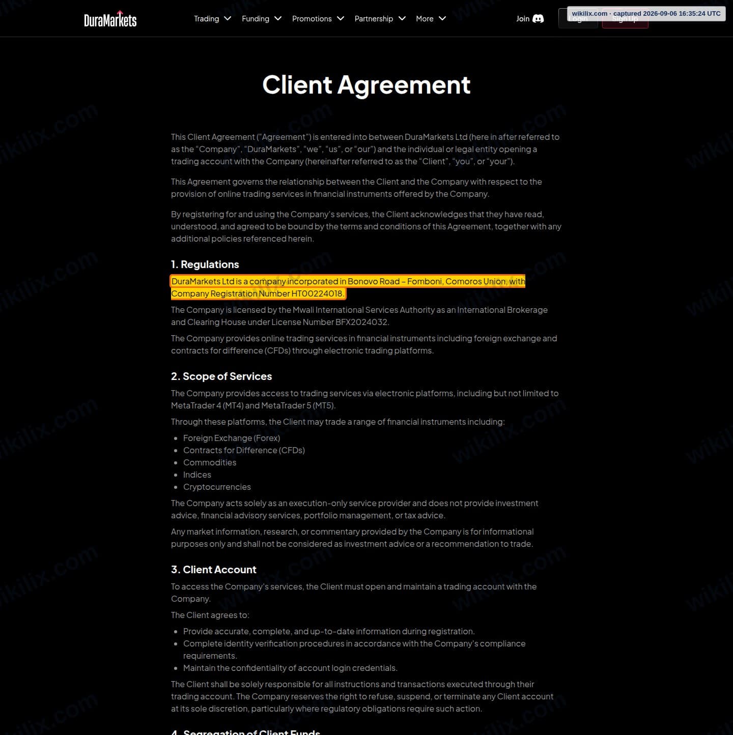 Our full page screenshot of the page this clause sits on, on DuraMarkets's site duramarkets.com, taken on Sep 6, 2026. The quoted words are marked in the image.