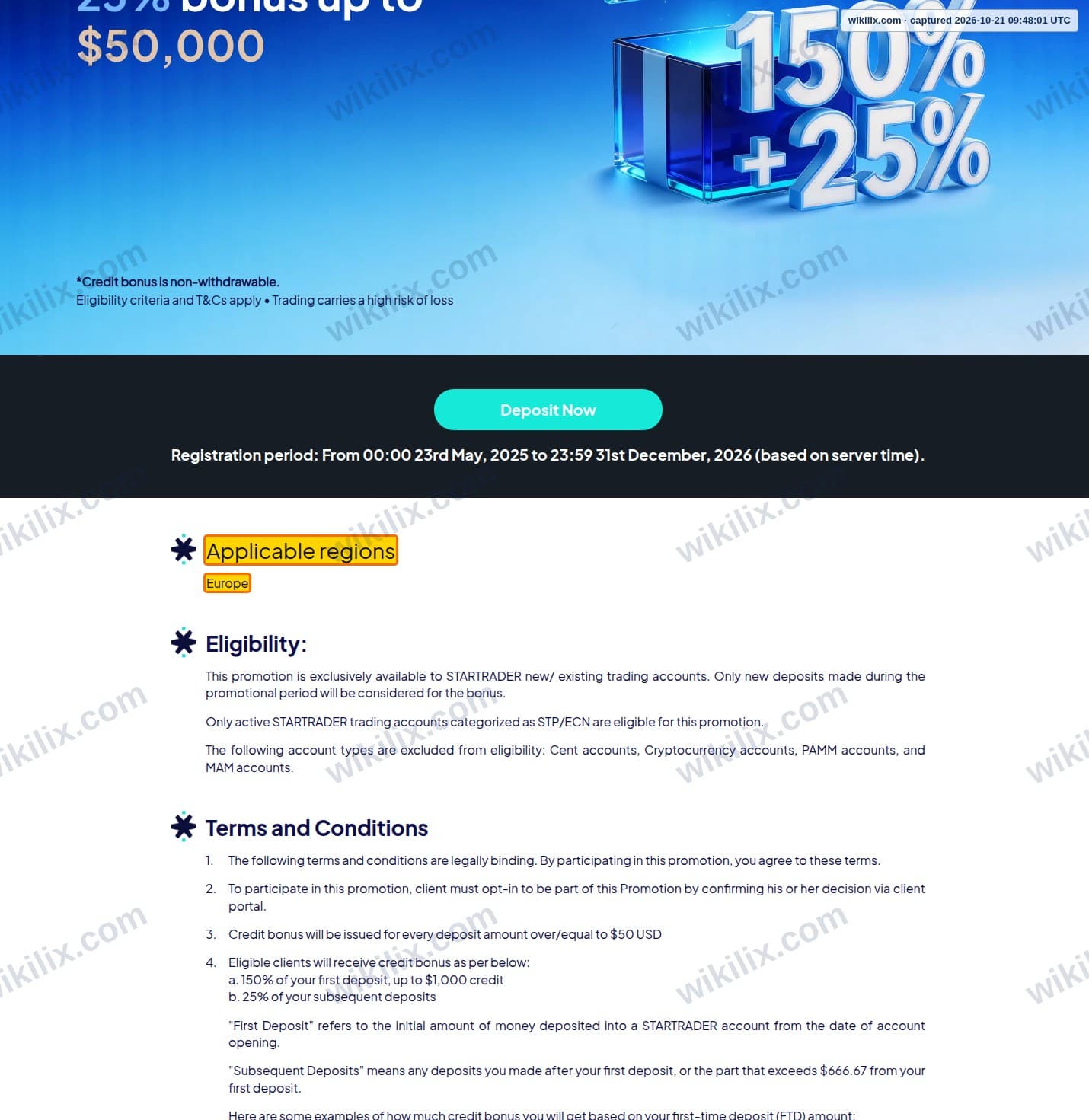 Our full page screenshot of the page that makes this promise, on STARTRADER's site startrader.com, taken on Oct 21, 2026. The quoted words are marked in the image.