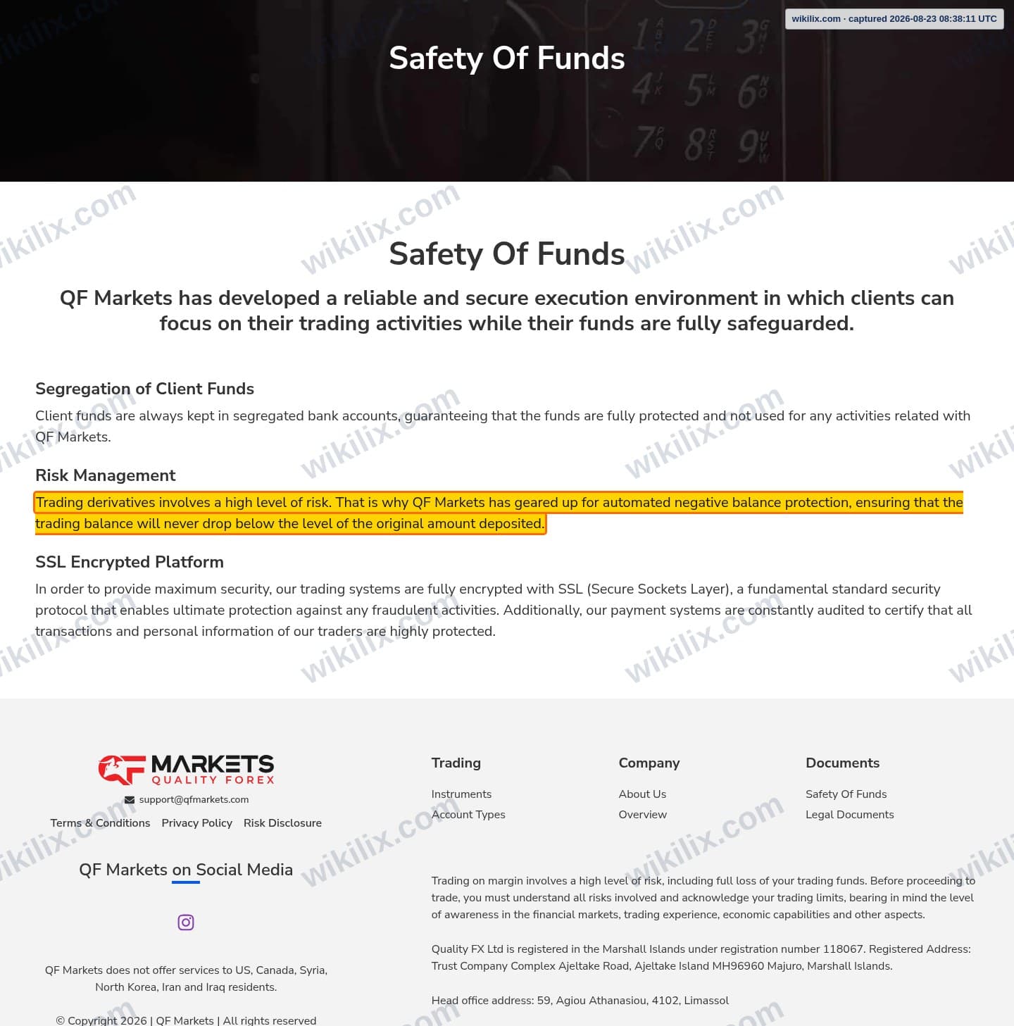 Our full page screenshot of the page that makes this promise, on QF Markets's site qfmarkets.com, taken on Aug 23, 2026. The quoted words are marked in the image.