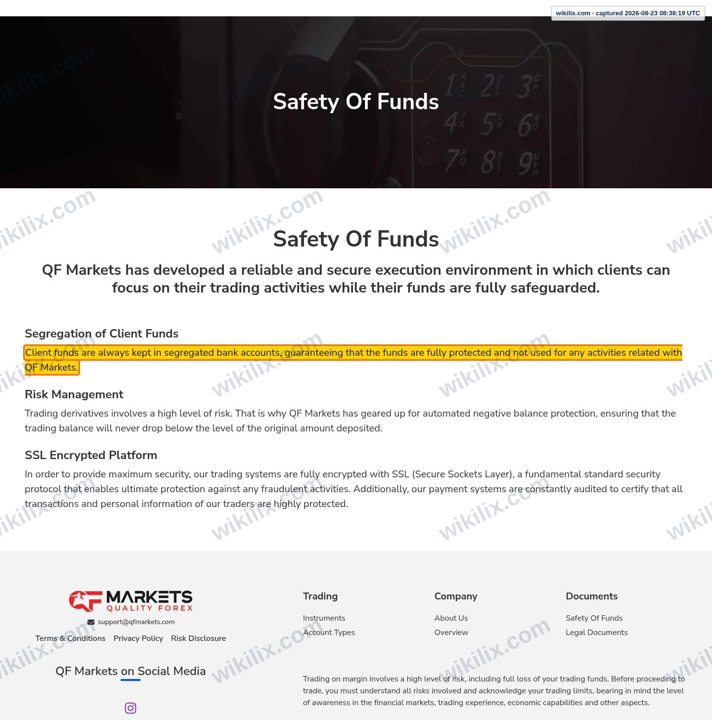 Our full page screenshot of the page that makes this promise, on QF Markets's site qfmarkets.com, taken on Aug 23, 2026. The quoted words are marked in the image.
