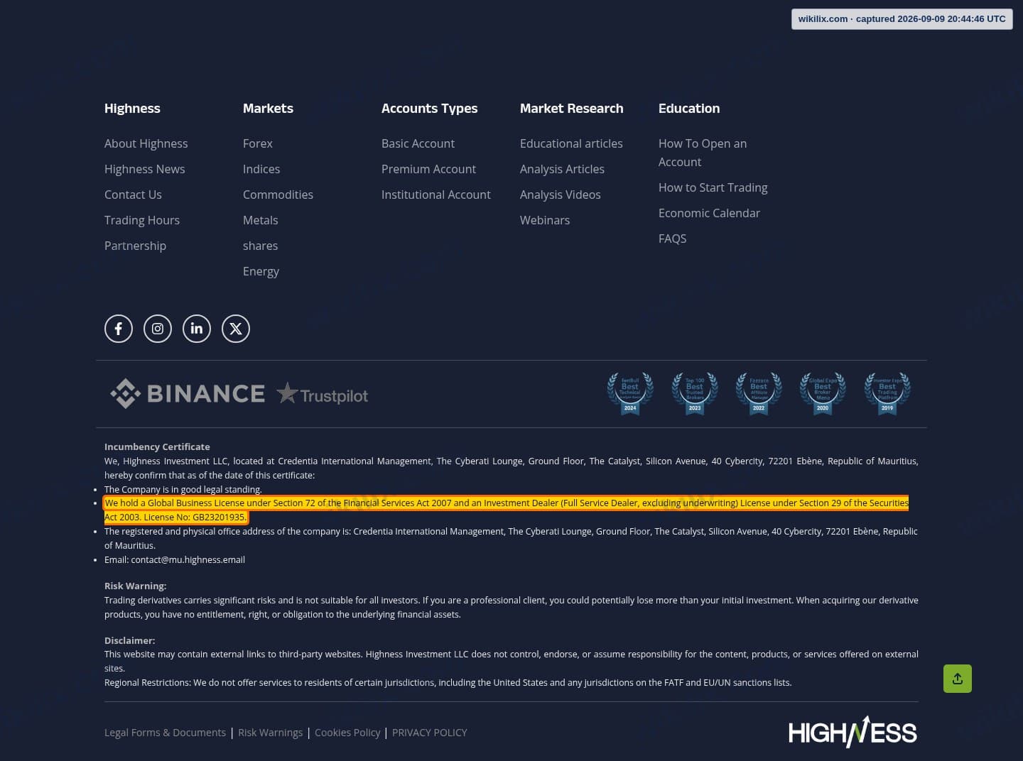 Our full page screenshot of the page this clause sits on, on HIGHNESS's site highness.pro, taken on Sep 9, 2026. The quoted words are marked in the image.