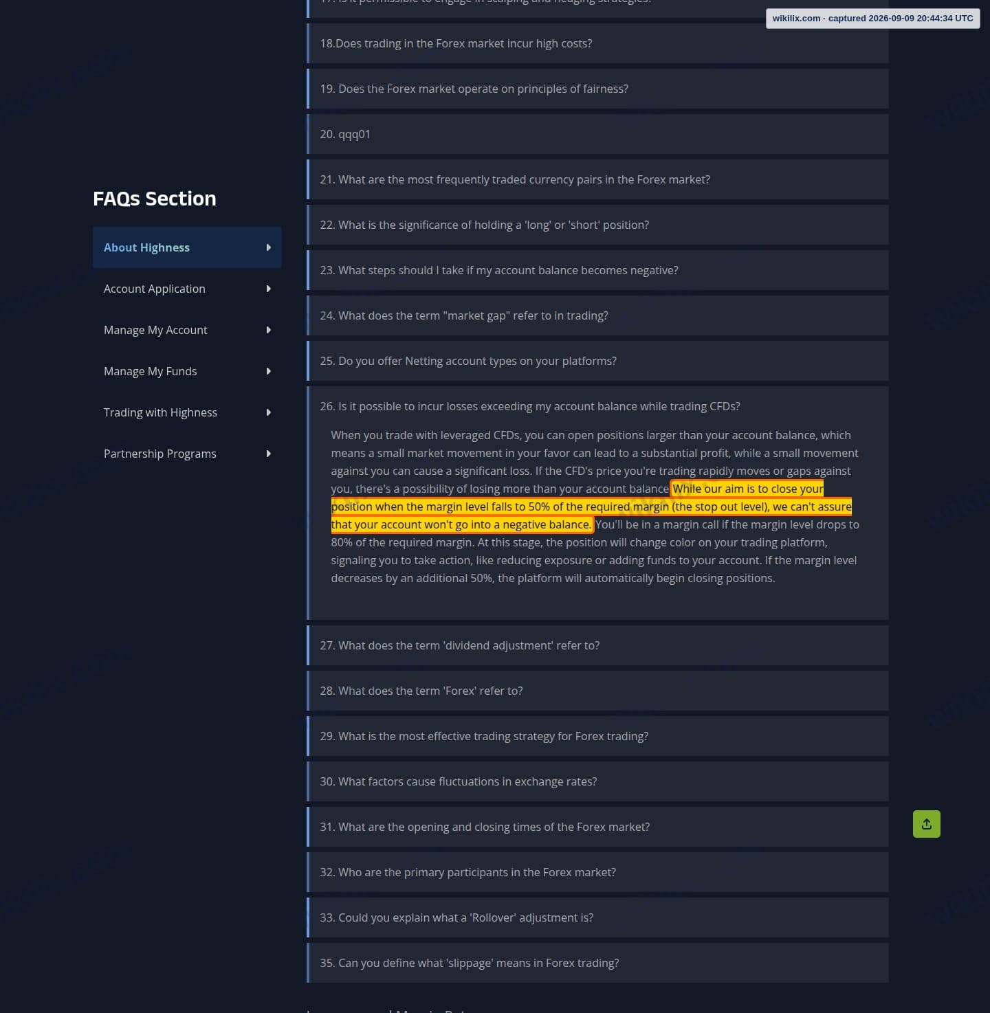 Our full page screenshot of the page this clause sits on, on HIGHNESS's site highness.pro, taken on Sep 9, 2026. The quoted words are marked in the image.