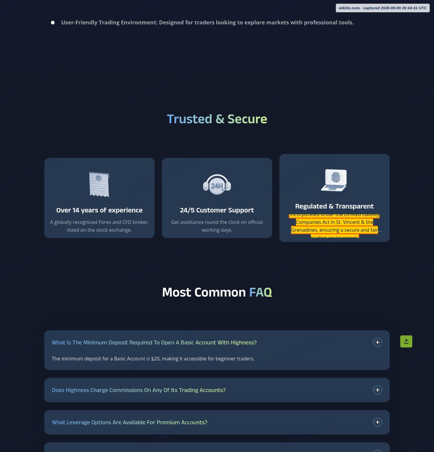 Our full page screenshot of the page that makes this promise, on HIGHNESS's site highness.pro, taken on Sep 9, 2026. The quoted words are marked in the image.