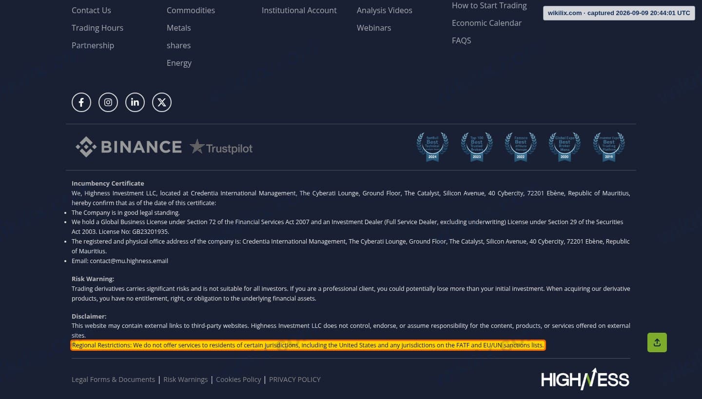 Our full page screenshot of the page this clause sits on, on HIGHNESS's site highness.pro, taken on Sep 9, 2026. The quoted words are marked in the image.