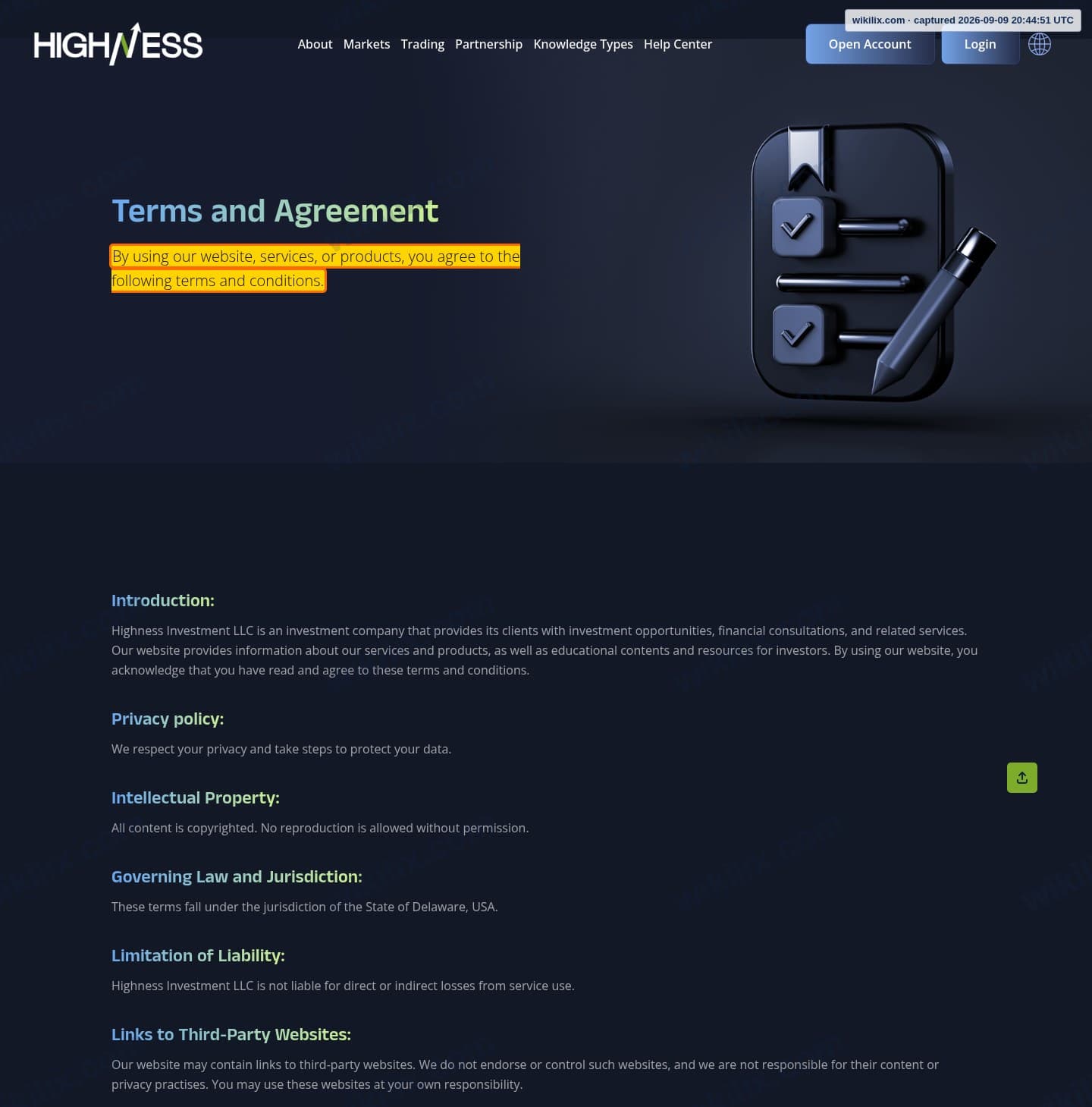 Our full page screenshot of the page this clause sits on, on HIGHNESS's site highness.pro, taken on Sep 9, 2026. The quoted words are marked in the image.