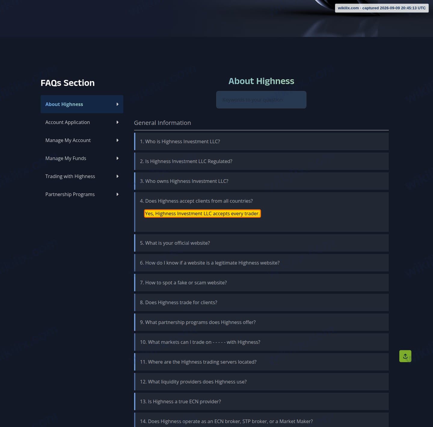 Our full page screenshot of the page this clause sits on, on HIGHNESS's site highness.pro, taken on Sep 9, 2026. The quoted words are marked in the image.