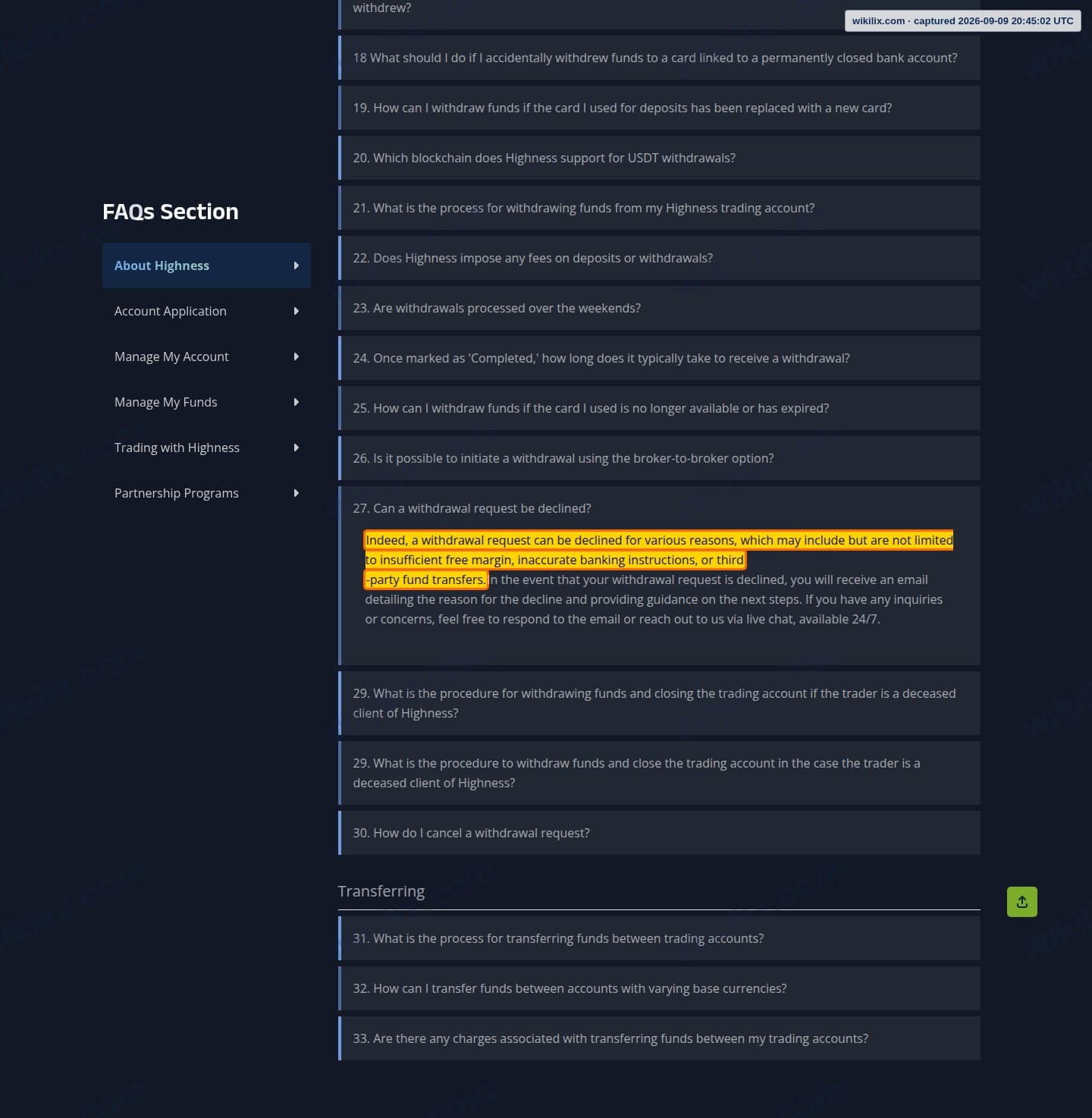 Our full page screenshot of the page this clause sits on, on HIGHNESS's site highness.pro, taken on Sep 9, 2026. The quoted words are marked in the image.