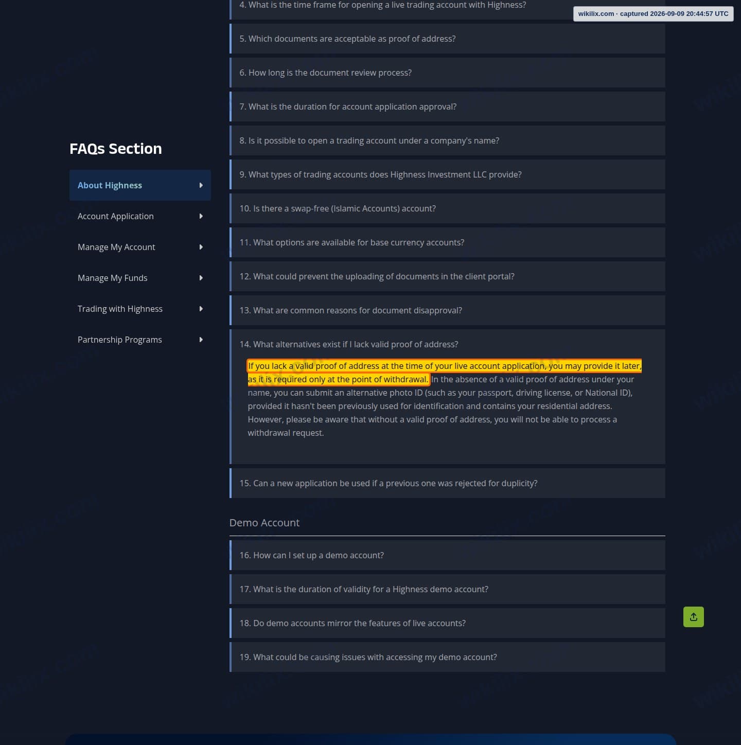 Our full page screenshot of the page this clause sits on, on HIGHNESS's site highness.pro, taken on Sep 9, 2026. The quoted words are marked in the image.