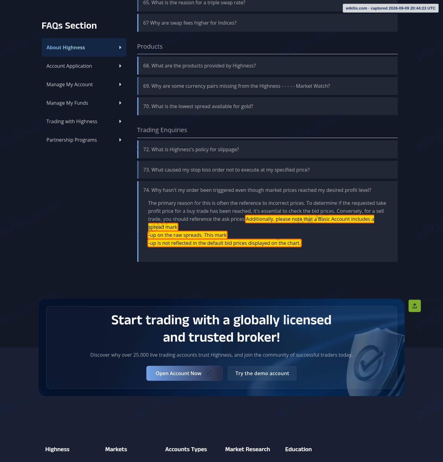 Our full page screenshot of the page this clause sits on, on HIGHNESS's site highness.pro, taken on Sep 9, 2026. The quoted words are marked in the image.