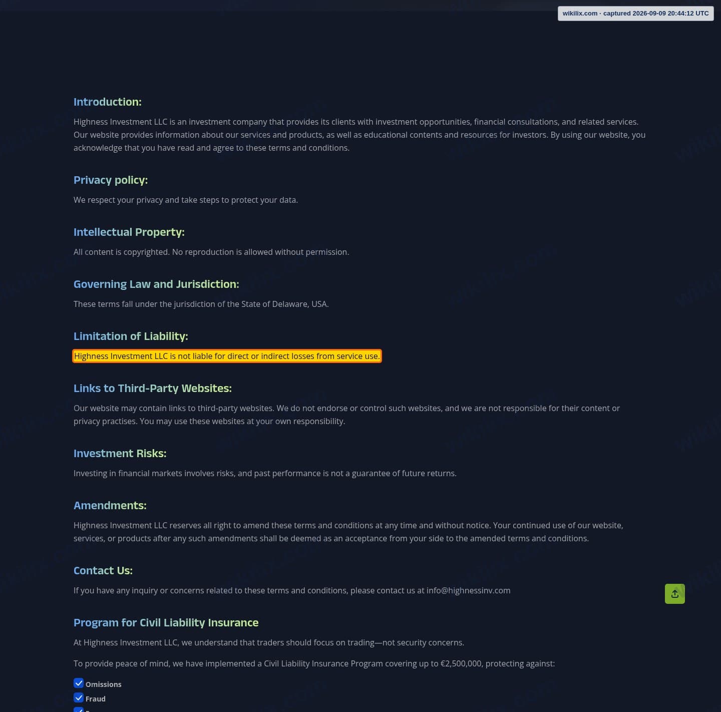 Our full page screenshot of the page this clause sits on, on HIGHNESS's site highness.pro, taken on Sep 9, 2026. The quoted words are marked in the image.
