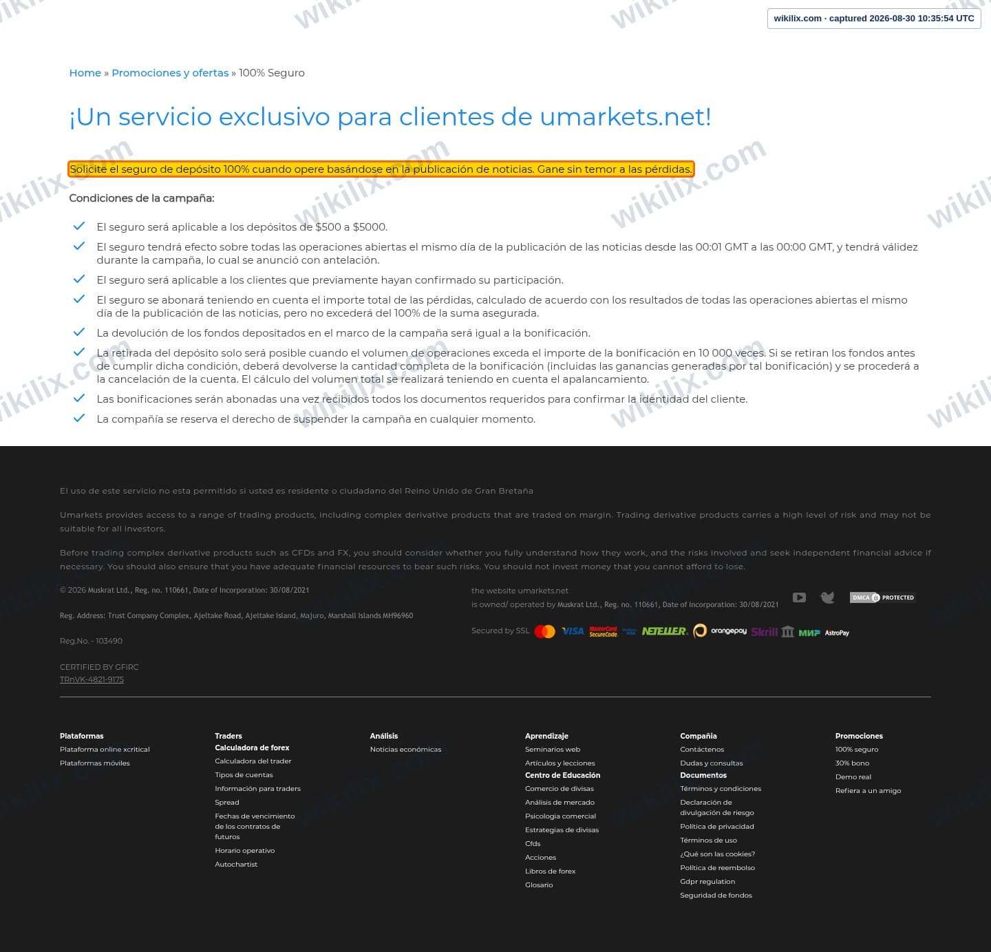 Our full page screenshot of the page that makes this promise, on umarkets's site umarkets.net, taken on Aug 30, 2026. The quoted words are marked in the image.
