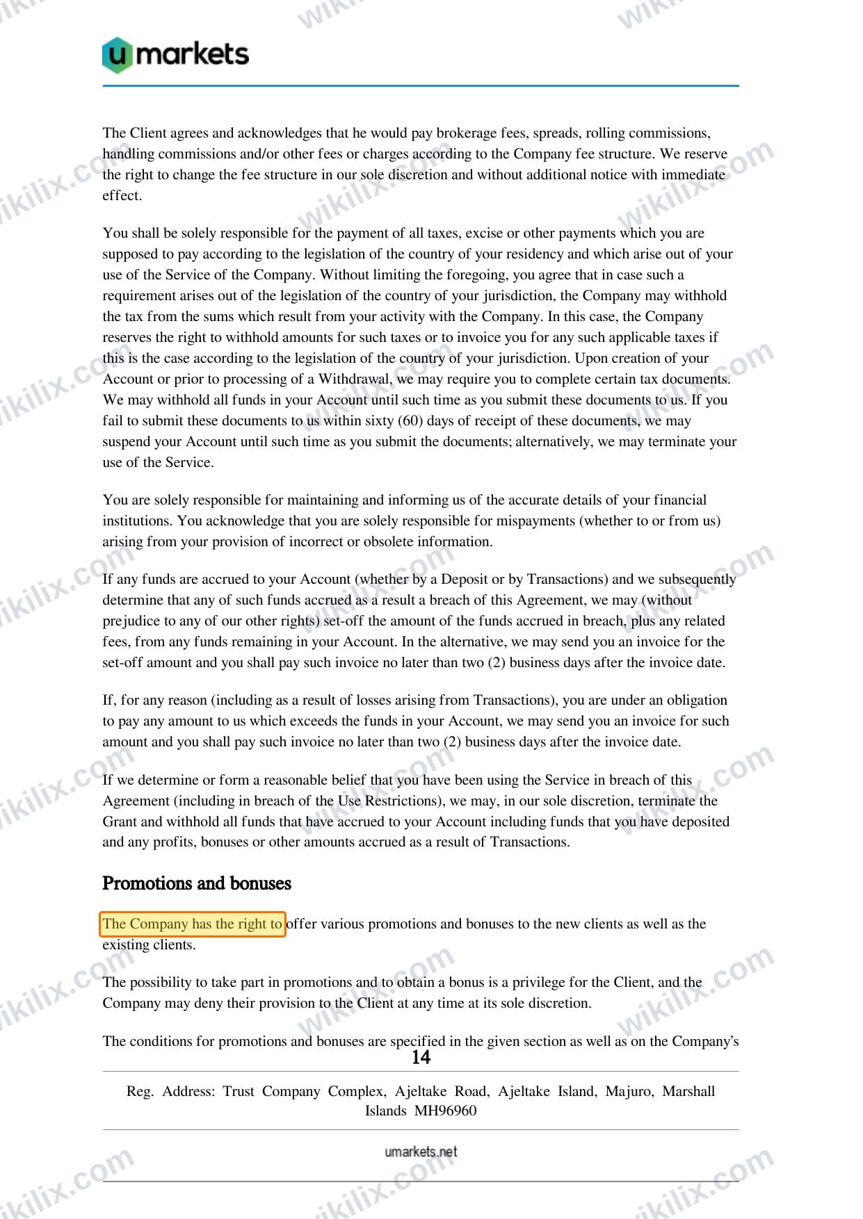 Our full page screenshot of the page this clause sits on, on umarkets's site umarkets.net, taken on Aug 30, 2026. The quoted words are marked in the image.
