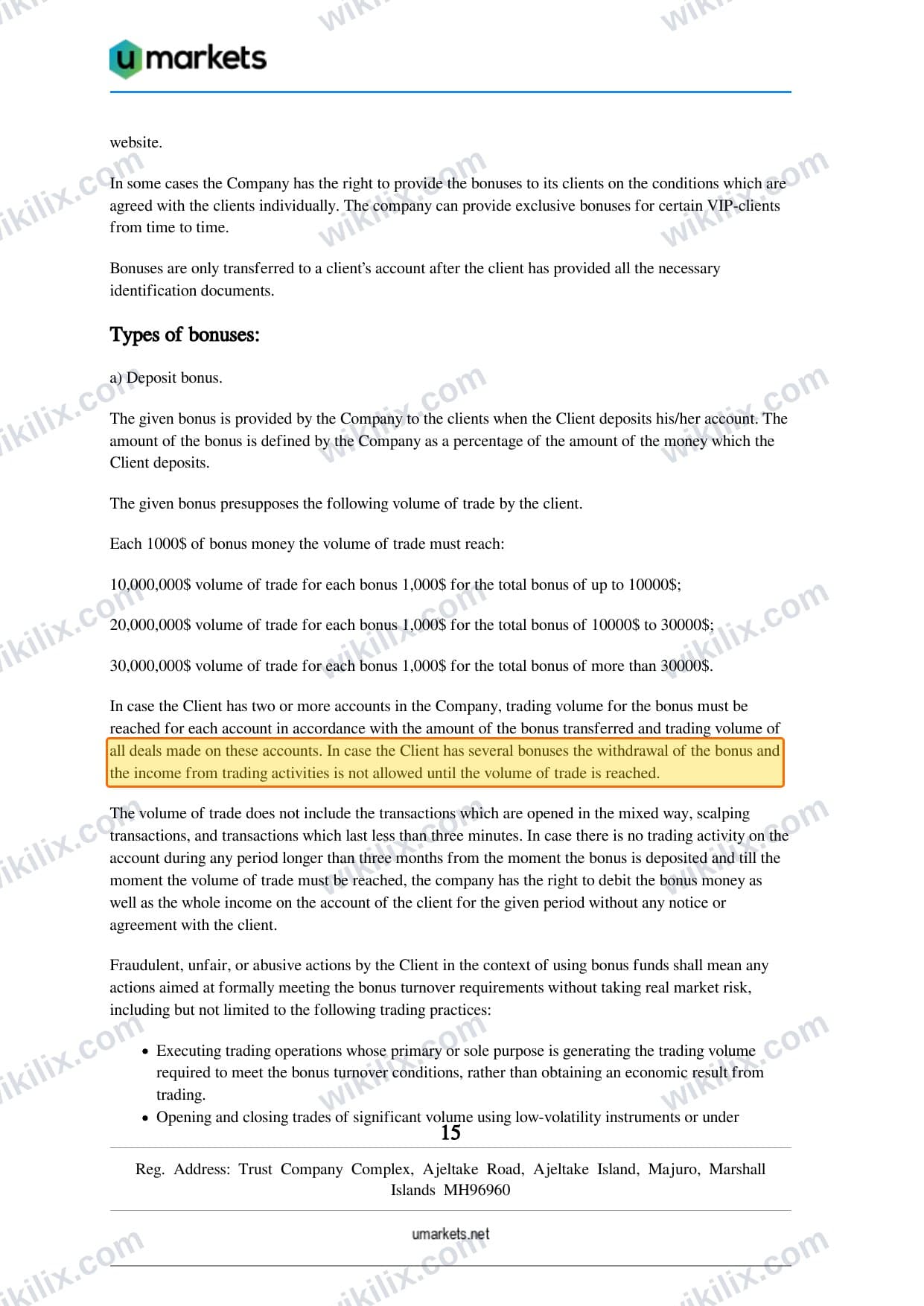 Our full page screenshot of the page this clause sits on, on umarkets's site umarkets.net, taken on Aug 30, 2026. The quoted words are marked in the image.
