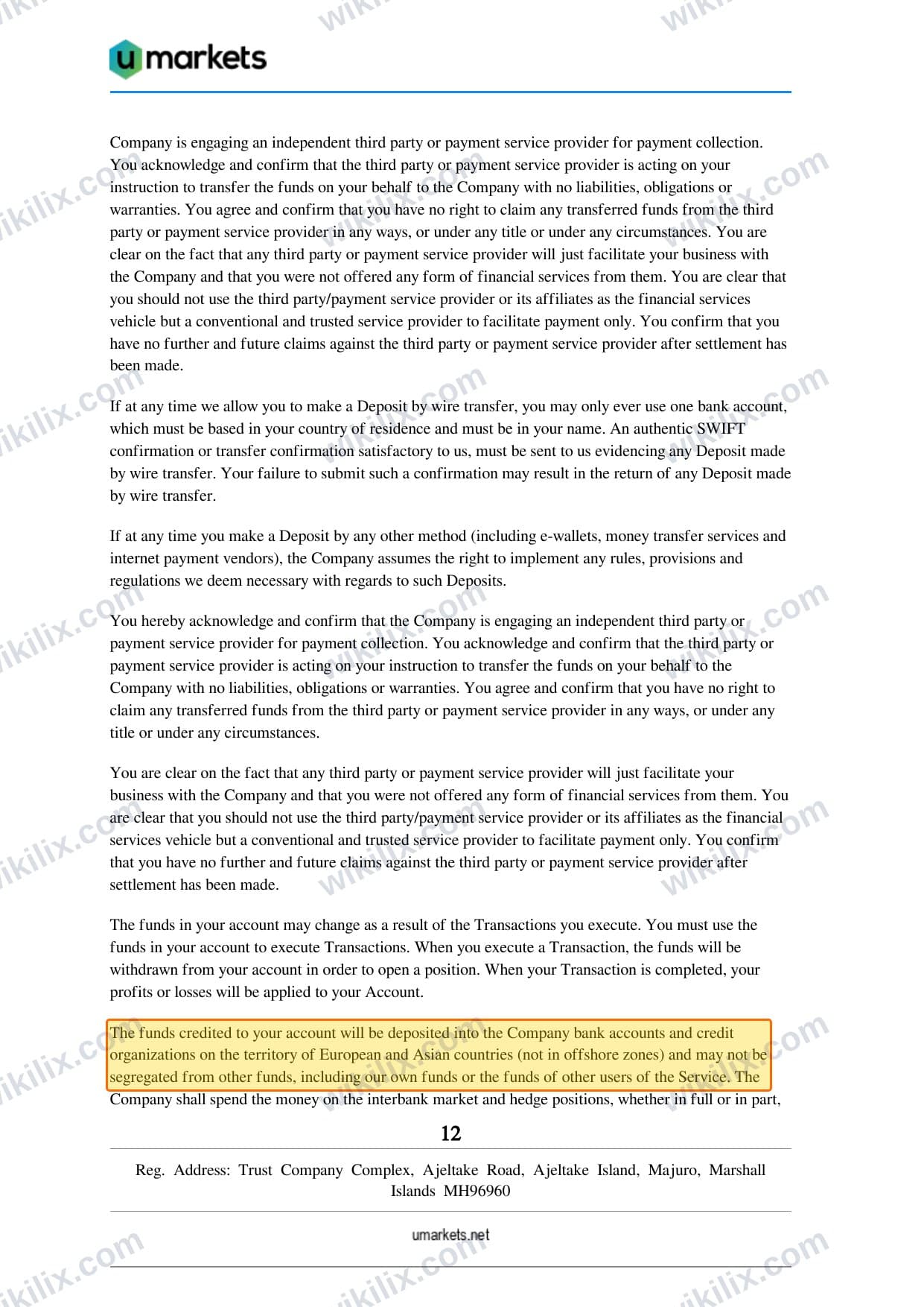 Our full page screenshot of the page this clause sits on, on umarkets's site umarkets.net, taken on Aug 30, 2026. The quoted words are marked in the image.
